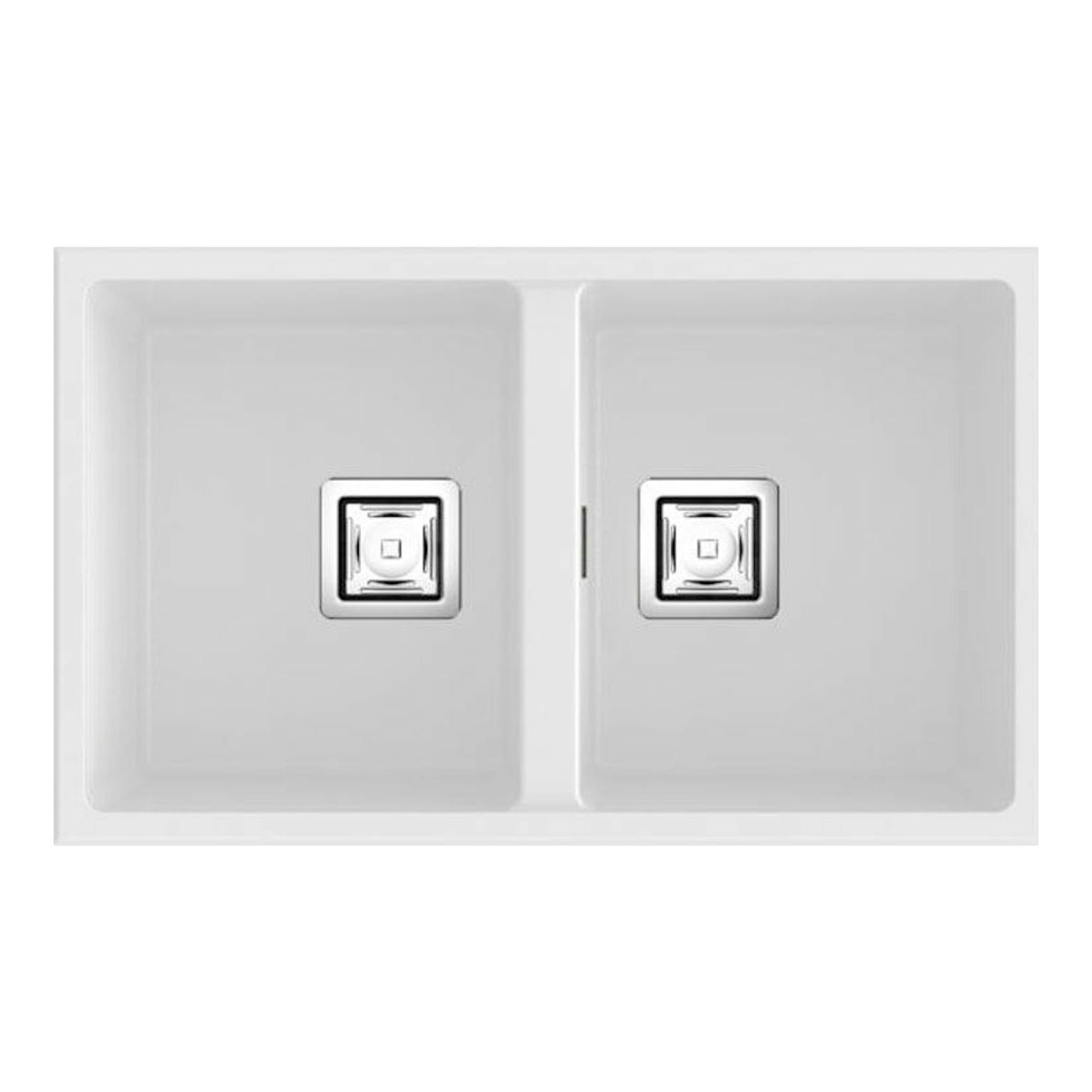 Fregadero Poalgi Zie 70 2/S blanco, vista superior, doble seno con dos desagües cuadrados.
