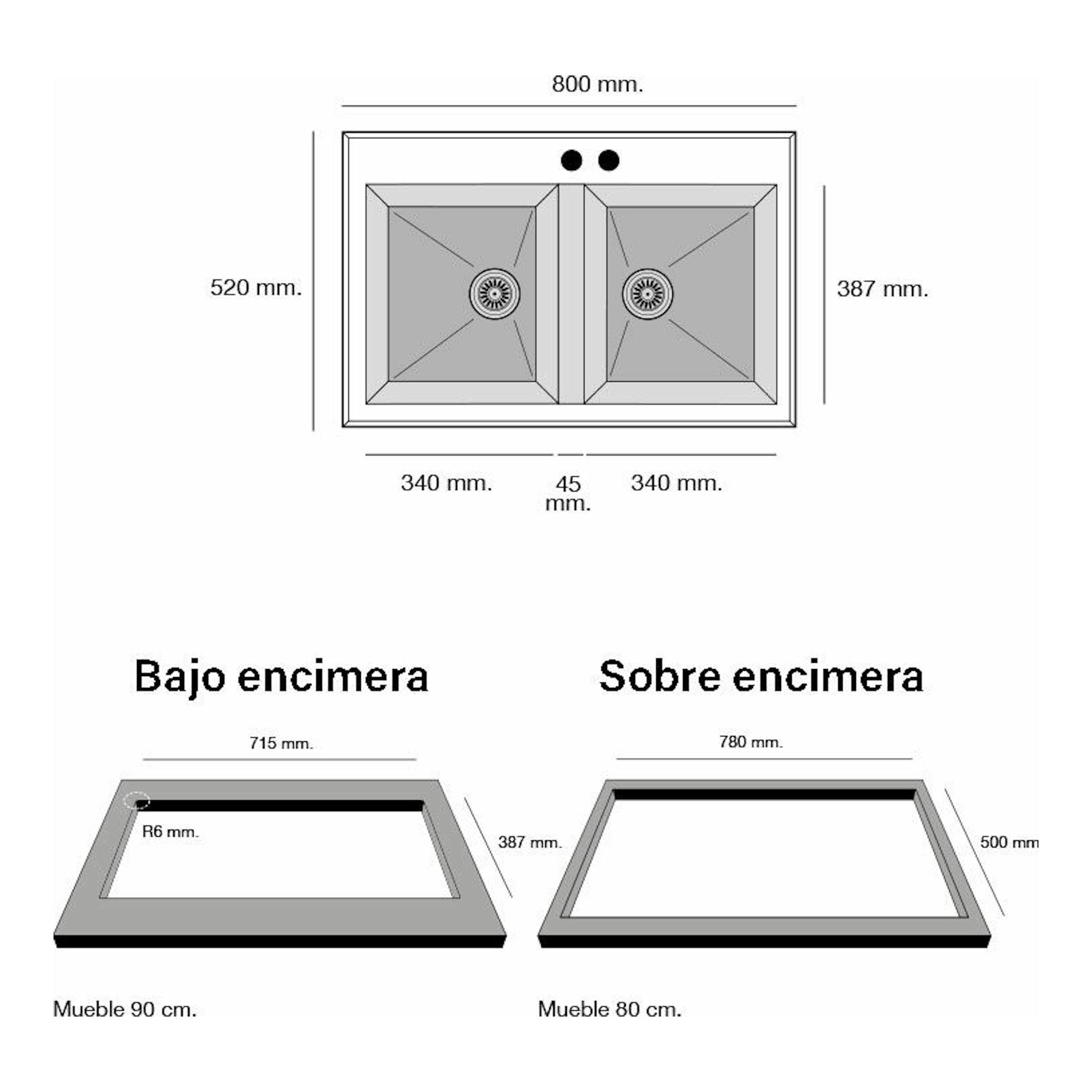 Diagrama técnico del fregadero Poalgi Shira 80 2/S blanco brillo, vista superior con doble seno y medidas.