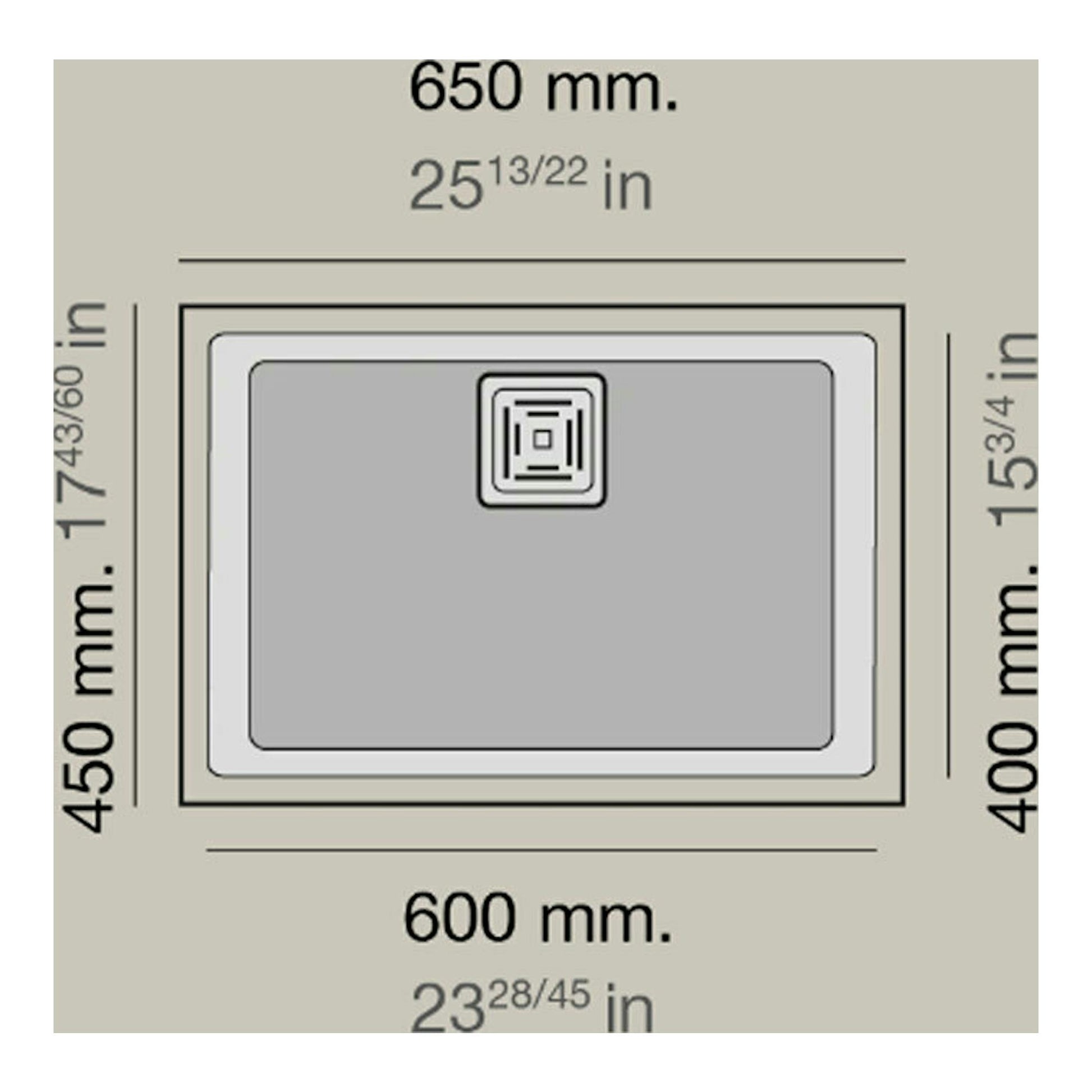 Poalgi Zie 60 1/S fregadero blanco brillo, vista superior con medidas 650 x 450 mm.