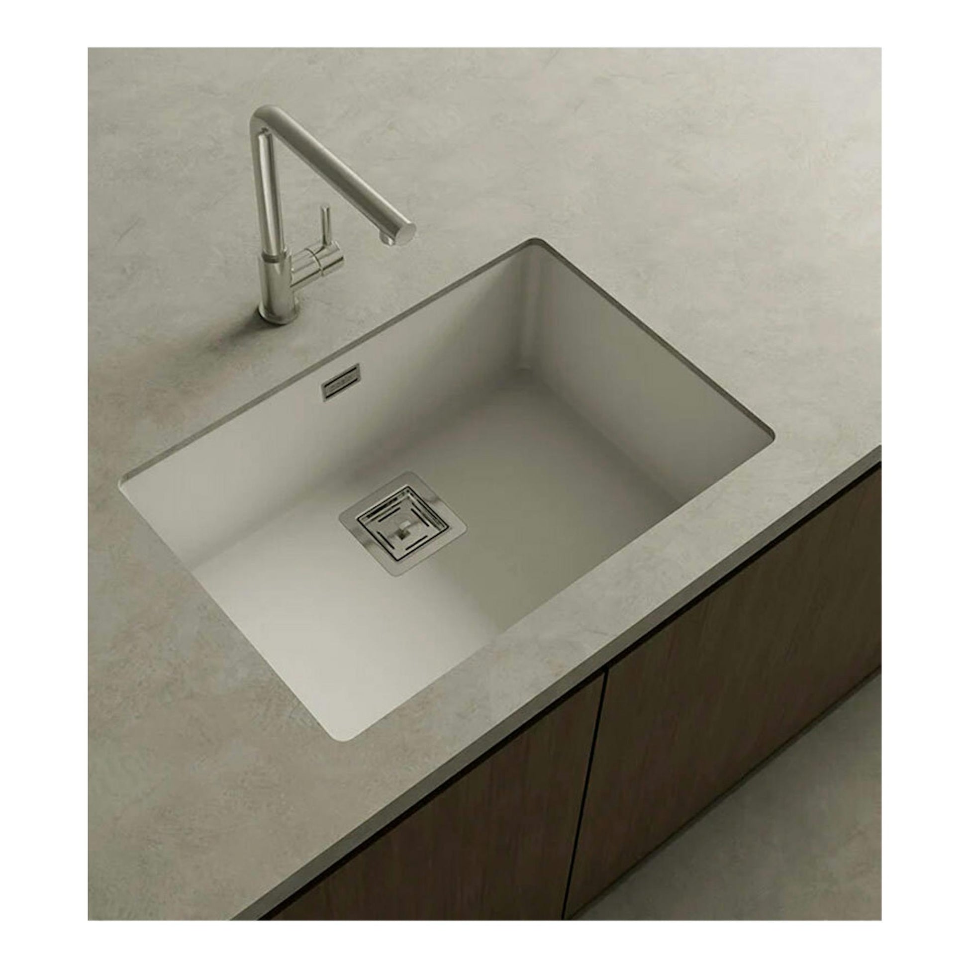 Fregadero Poalgi Zie 60 1/S blanco brillo, vista superior de lavabo rectangular empotrado con grifo cromado.