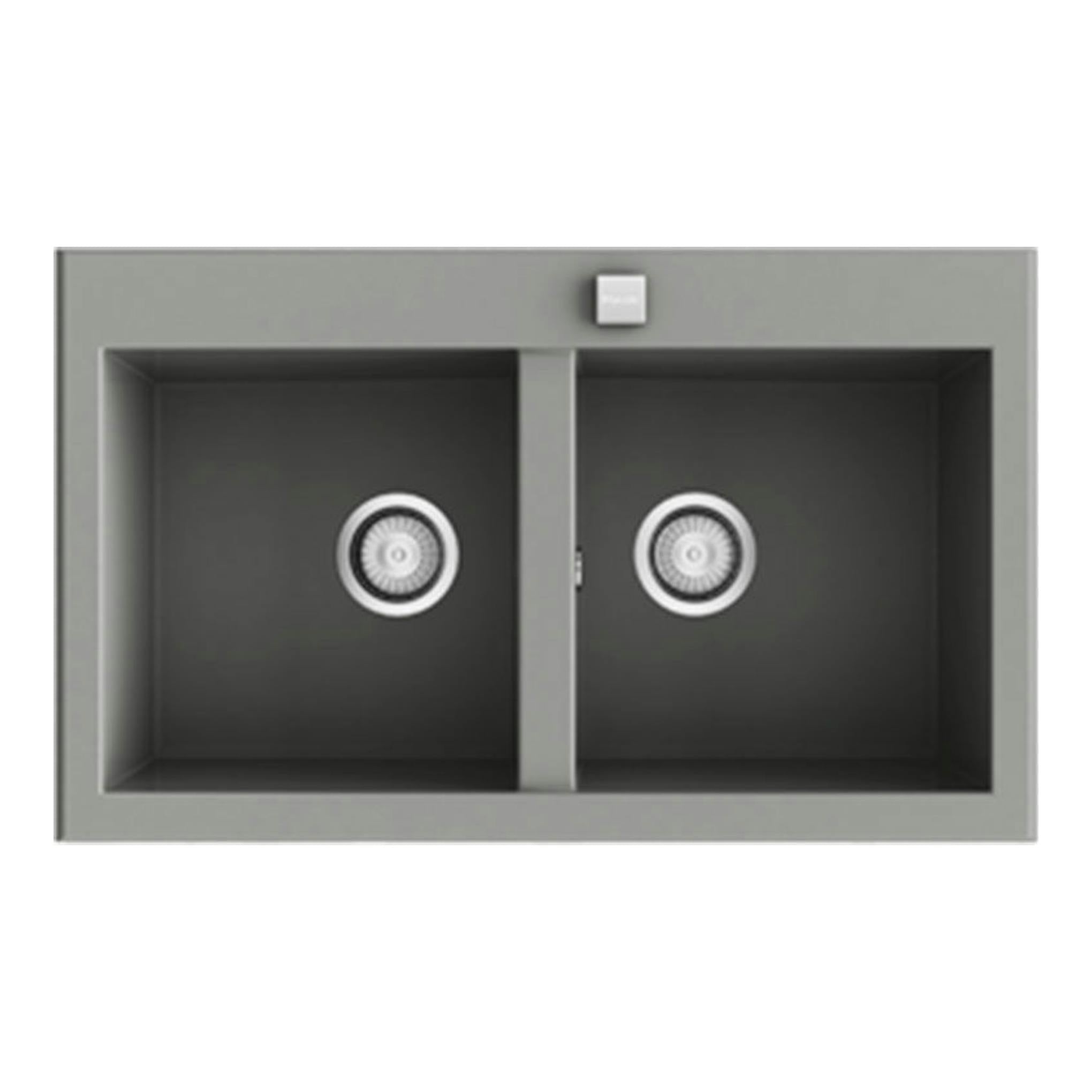 Fregadero Poalgi Shira 80 2/S, vista superior, doble seno gris concreto con brillo.