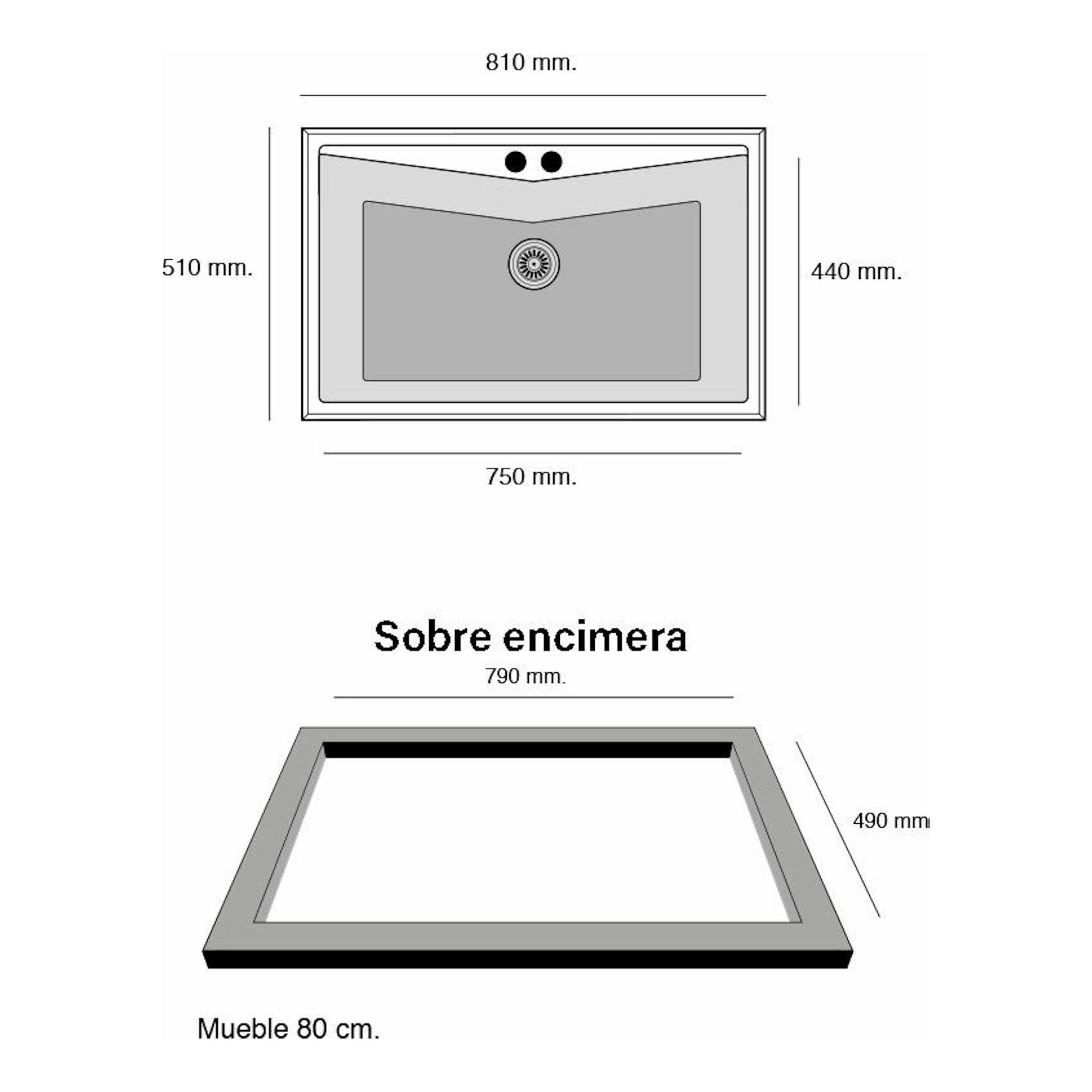 Poalgi Kuma 80 1/S Concret Brillo: fregadero rectangular gris, vista superior y sobre encimera con medidas.