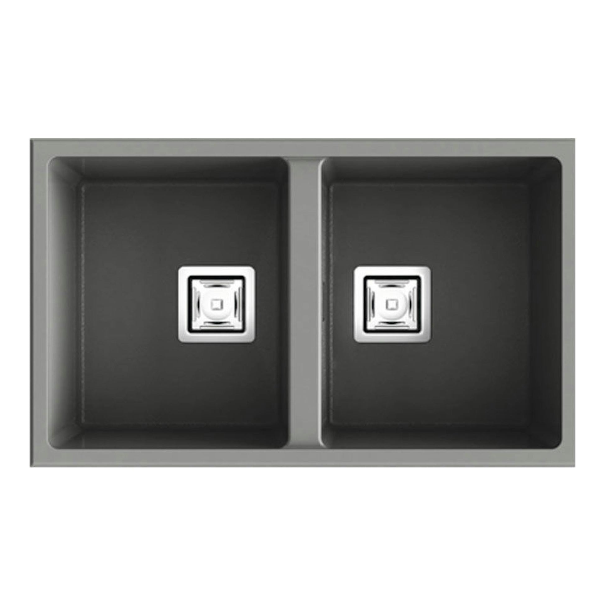 Fregadero Poalgi Zie 70 2/S Concret Mate, vista superior, doble seno gris oscuro con dos desagües.