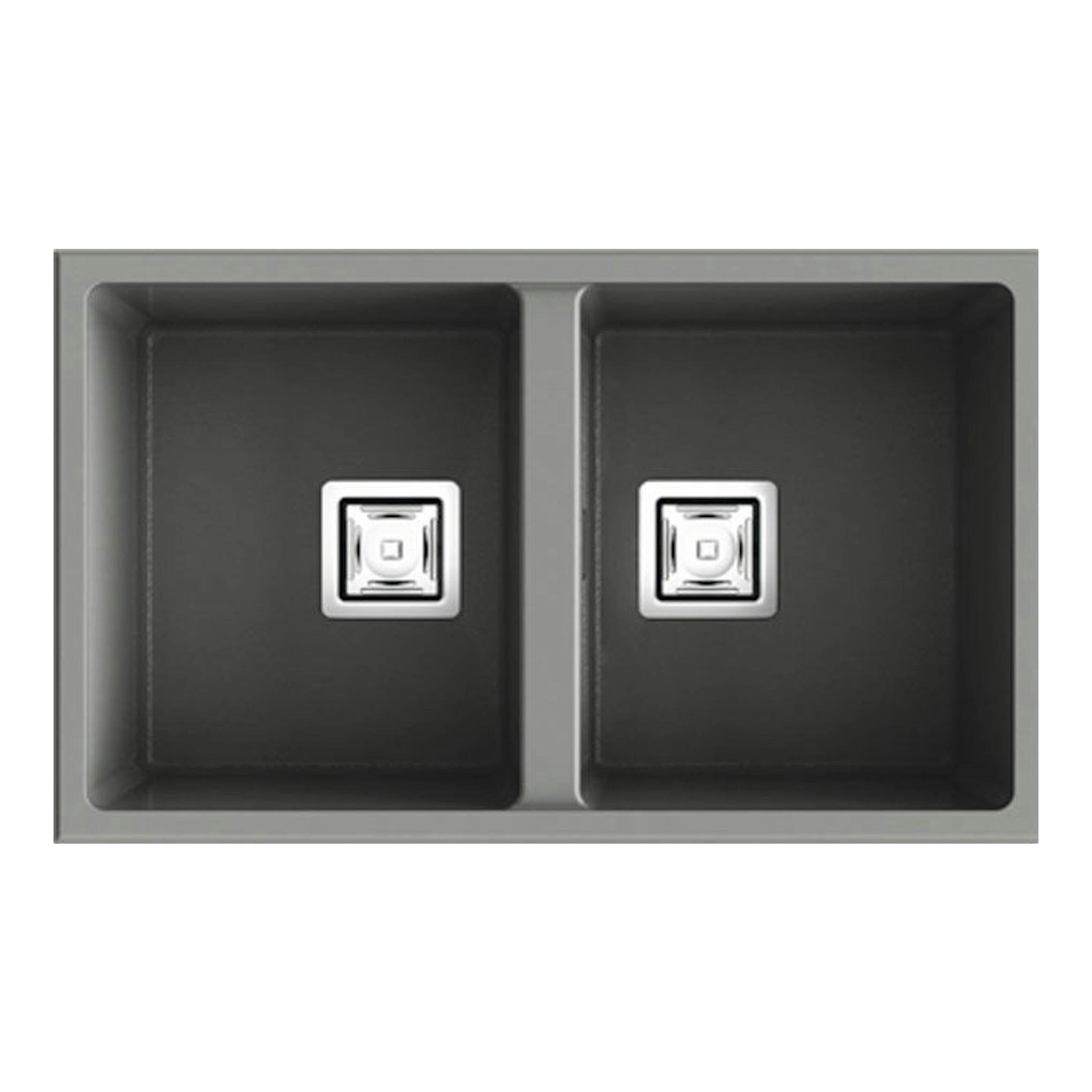 Fregadero Poalgi Zie 70 2/S Concret Mate, vista superior, doble seno gris oscuro con dos desagües.