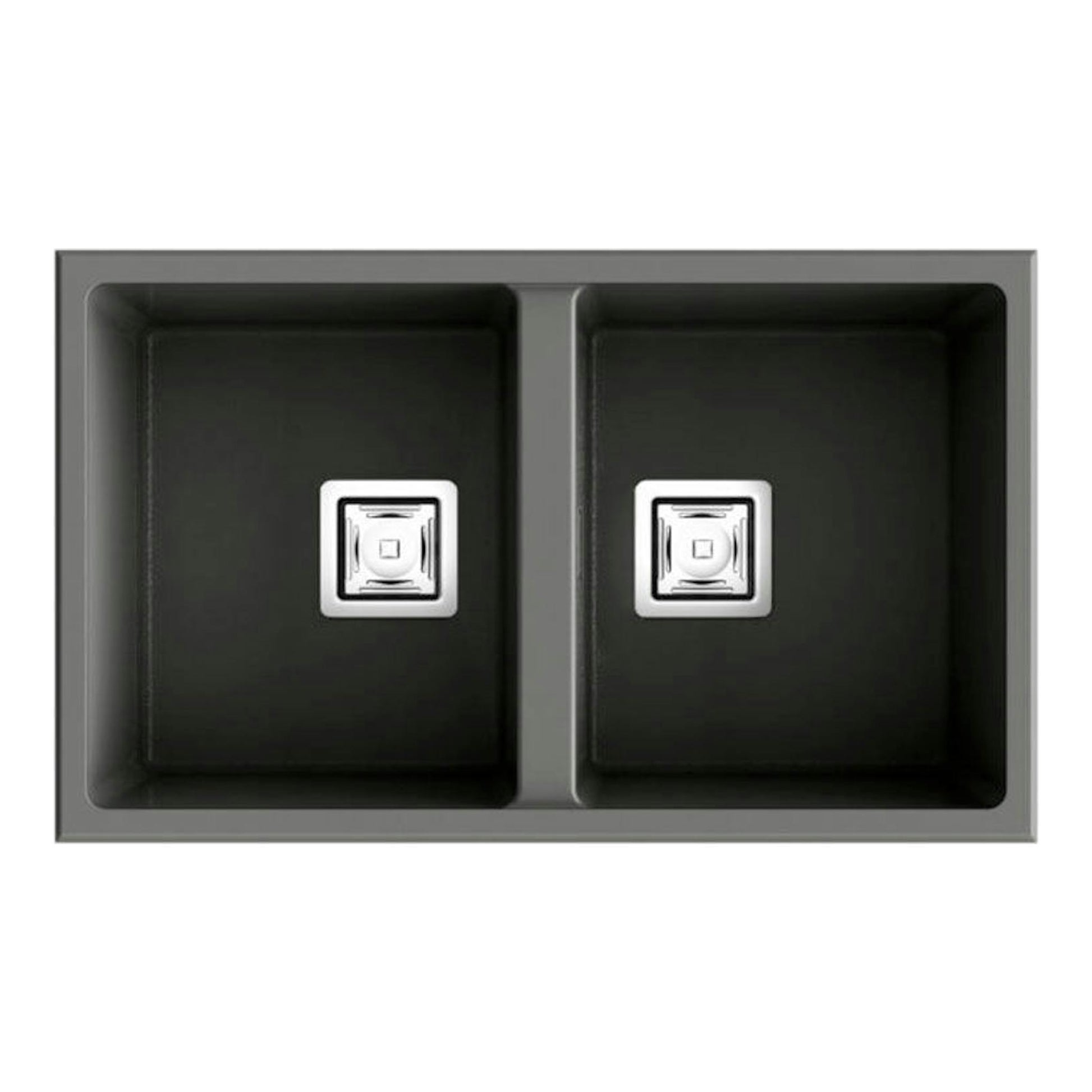 Fregadero Poalgi Zie 70 2/S gris, vista cenital, doble cubeta rectangular con dos desagües.