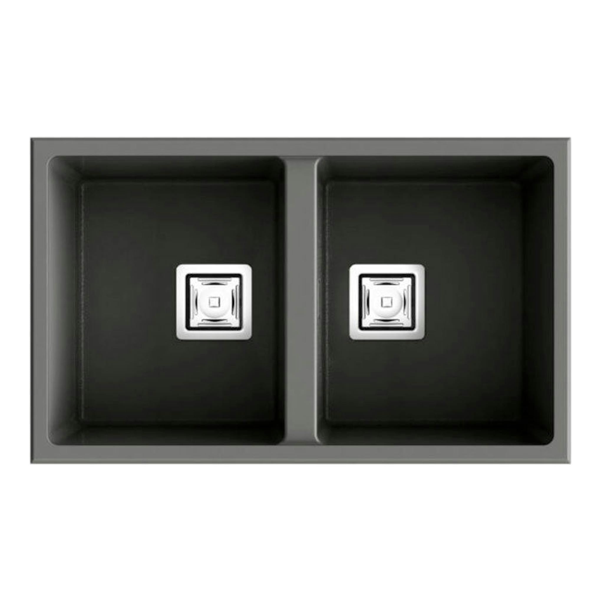 Fregadero Poalgi Zie 70 2/S gris, vista cenital, doble cubeta rectangular con dos desagües.
