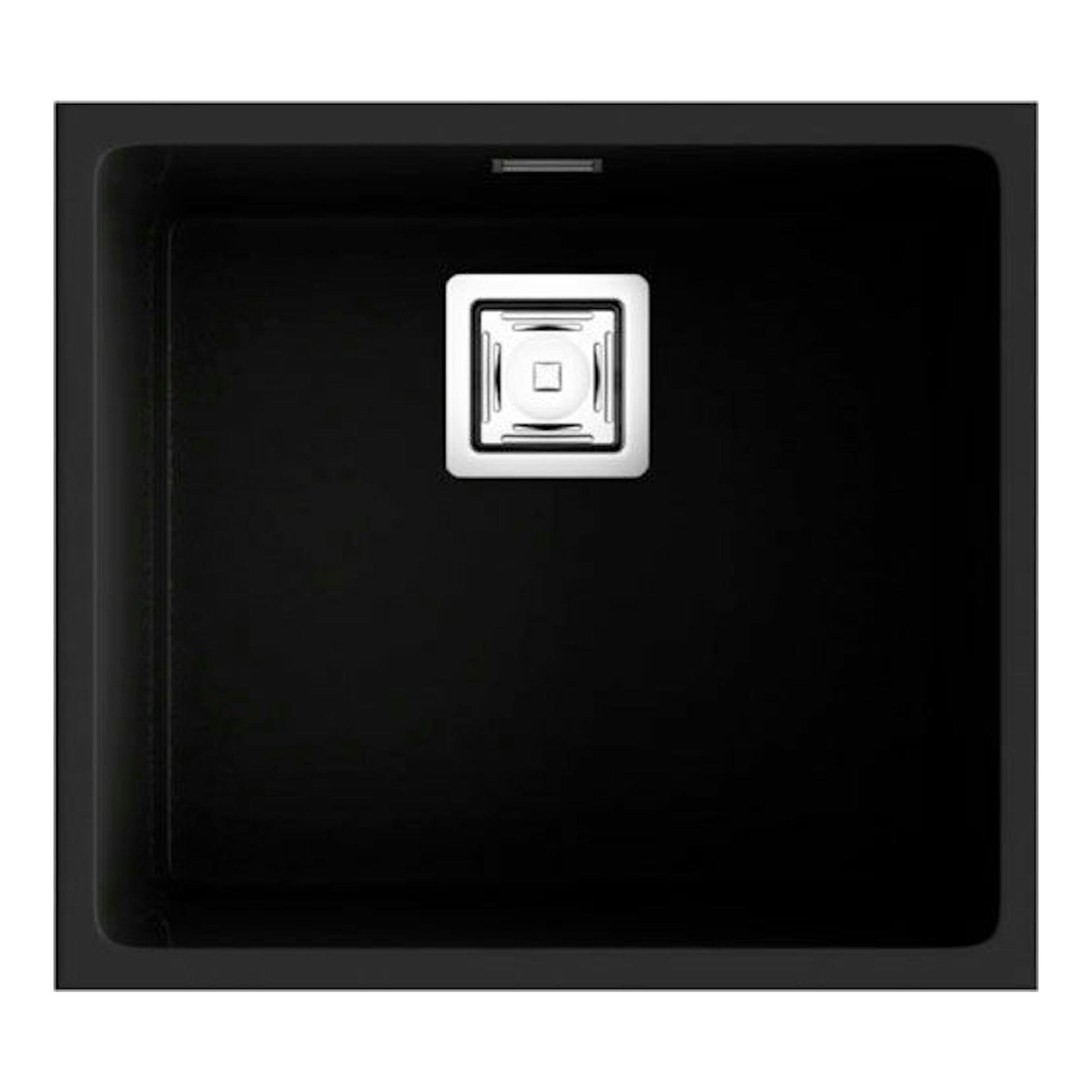 Fregadero Poalgi Zie 60 1/S negro brillante, vista superior, cuadrado, con desagüe central.