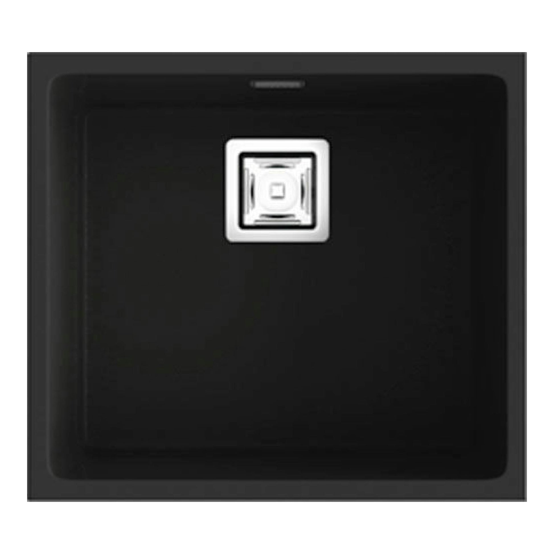 Fregadero Poalgi Zie 45 1/S negro brillante, vista frontal, con desagüe centrado.