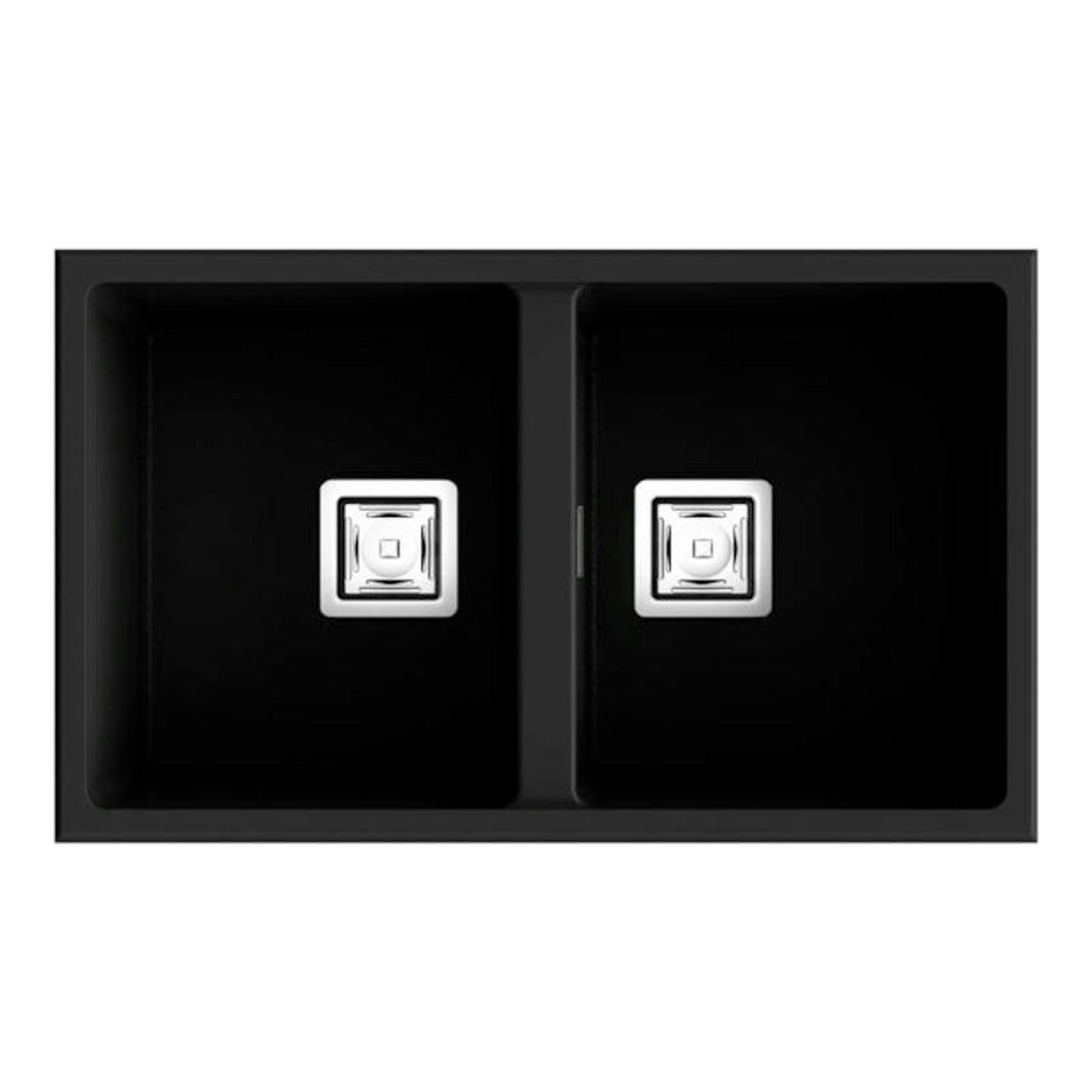 Fregadero Poalgi Zie 70 2/S negro brillante, vista cenital, doble seno con dos desagües cuadrados.