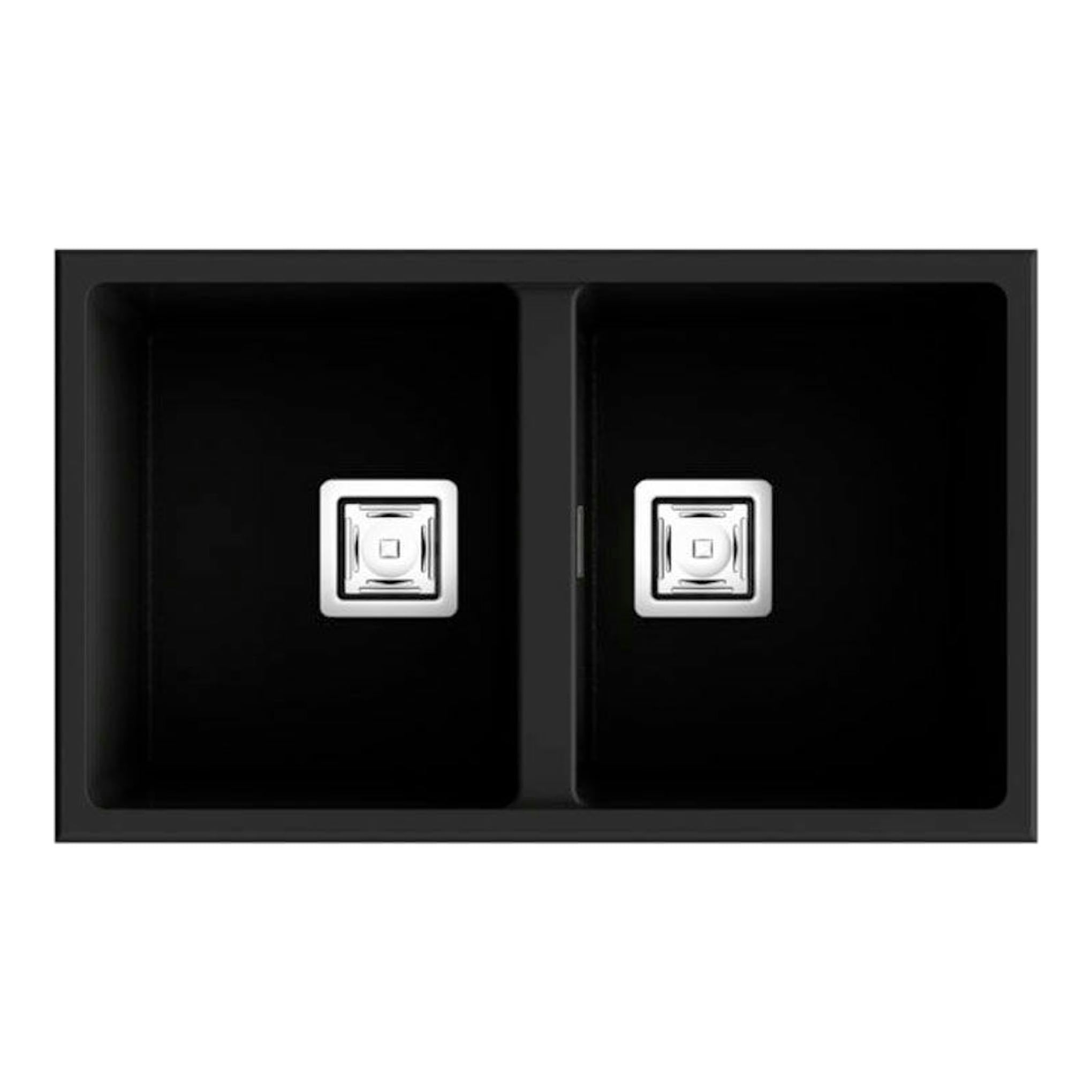 Fregadero Poalgi Zie 70 2/S negro brillante, vista cenital, doble seno con dos desagües cuadrados.