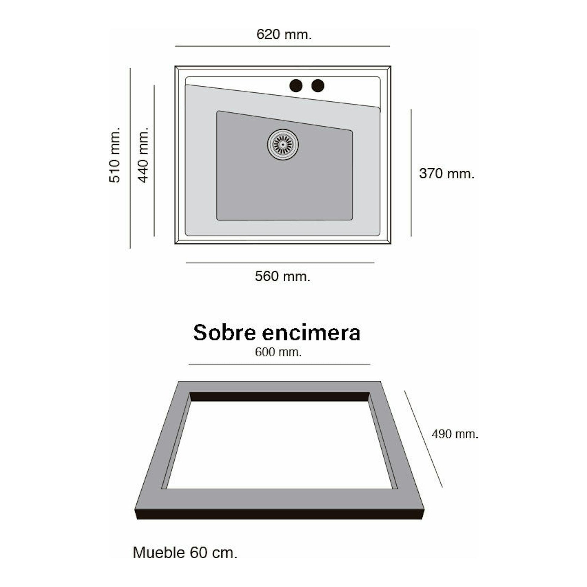 Diagrama del fregadero Poalgi Kuma 60 1/S negro, vista superior y perspectiva sobre encimera, con medidas.