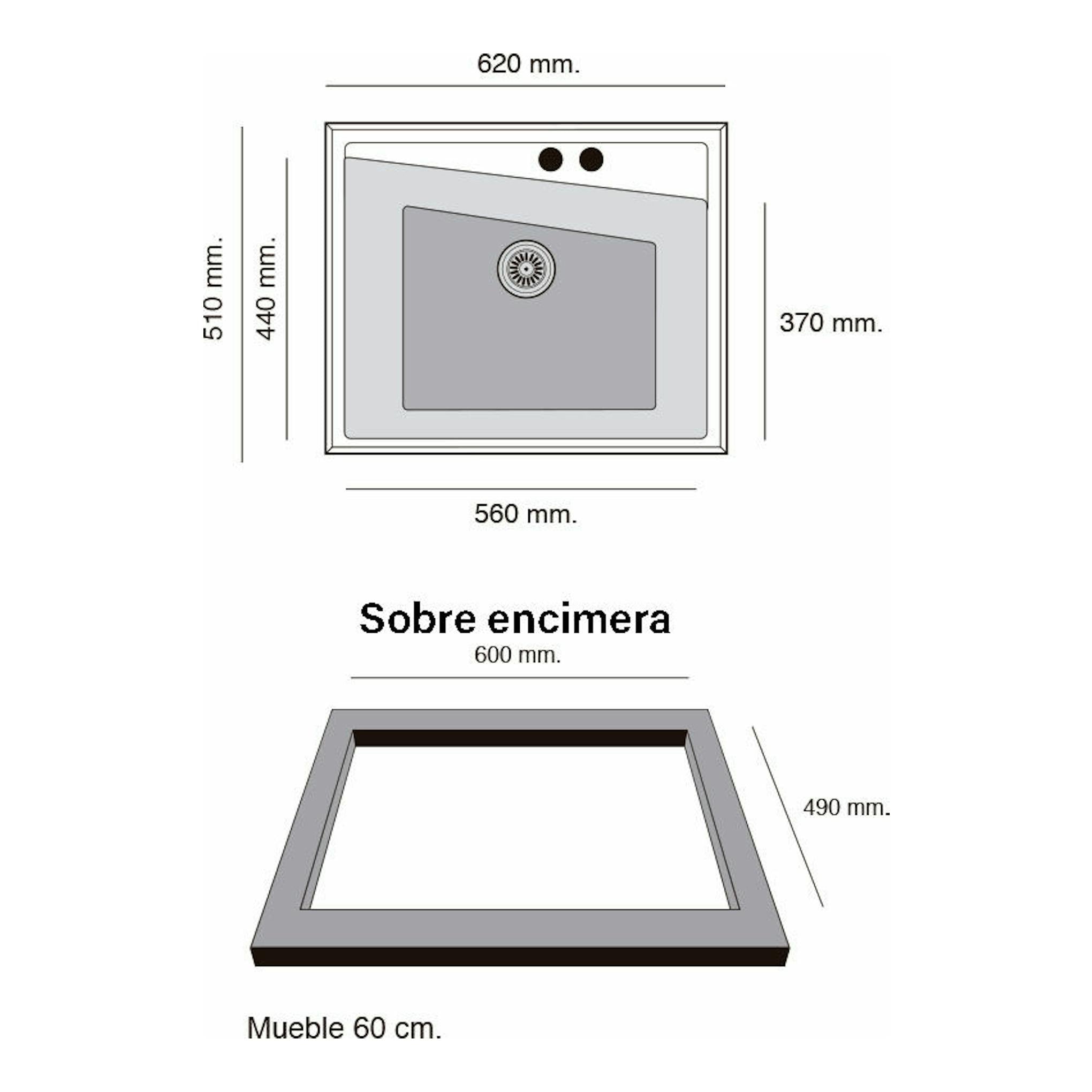 Diagrama del fregadero Poalgi Kuma 60 1/S negro, vista superior y perspectiva sobre encimera, con medidas.