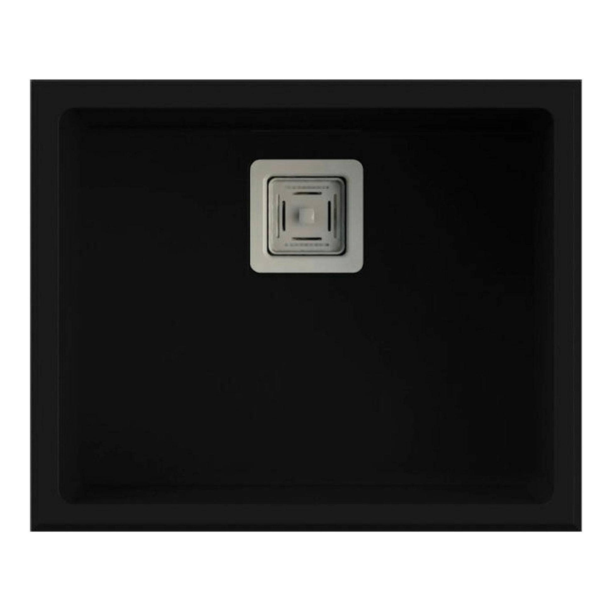 Fregadero Poalgi Zie 50 1/S negro liso, vista superior, con desagüe cuadrado central.