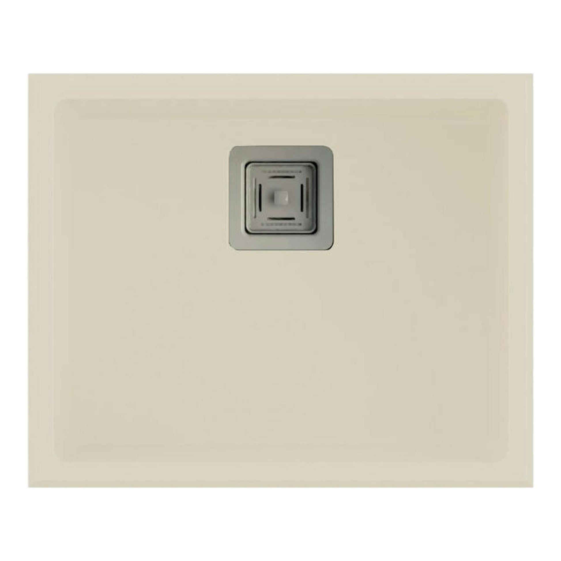Fregadero Poalgi Zie 50 1/S Pergamon brillo, vista cenital, cuadrado beige con desagüe central metálico.