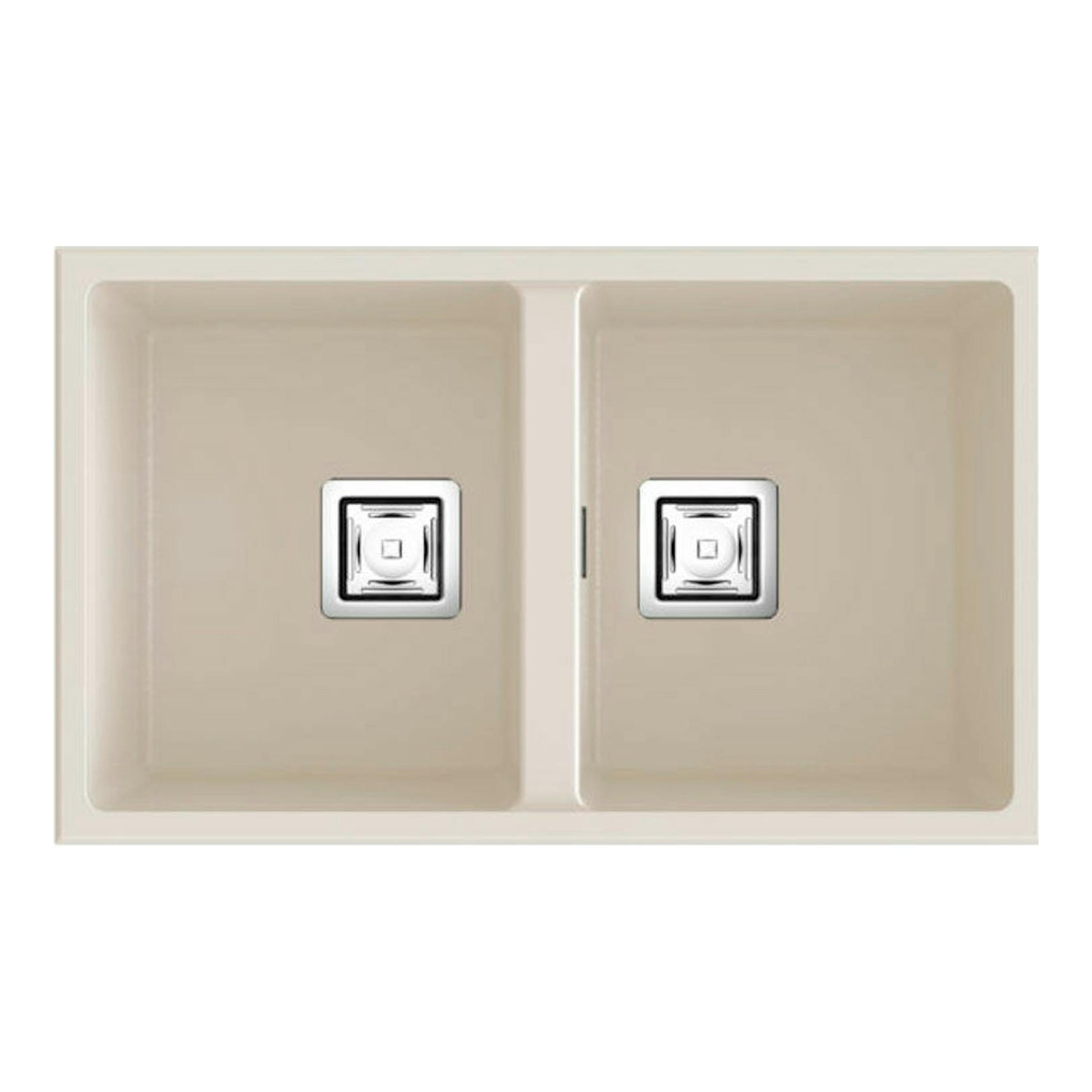 Fregadero Poalgi Zie 70 2/S pergamón brillo, vista superior, doble seno beige con dos desagües.