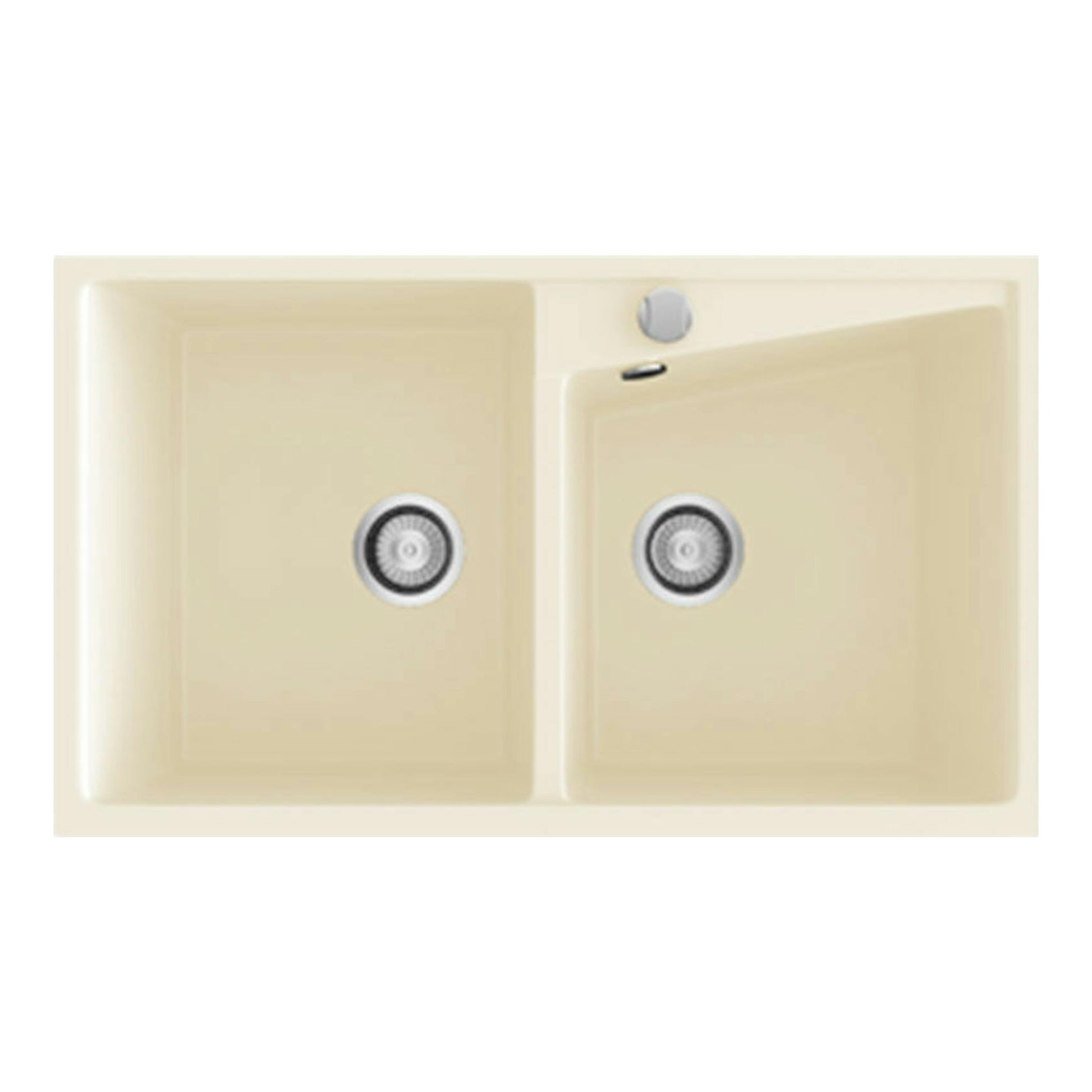 Fregadero Poalgi Kuma 86 2/S pergamón brillo, vista cenital, doble seno beige.