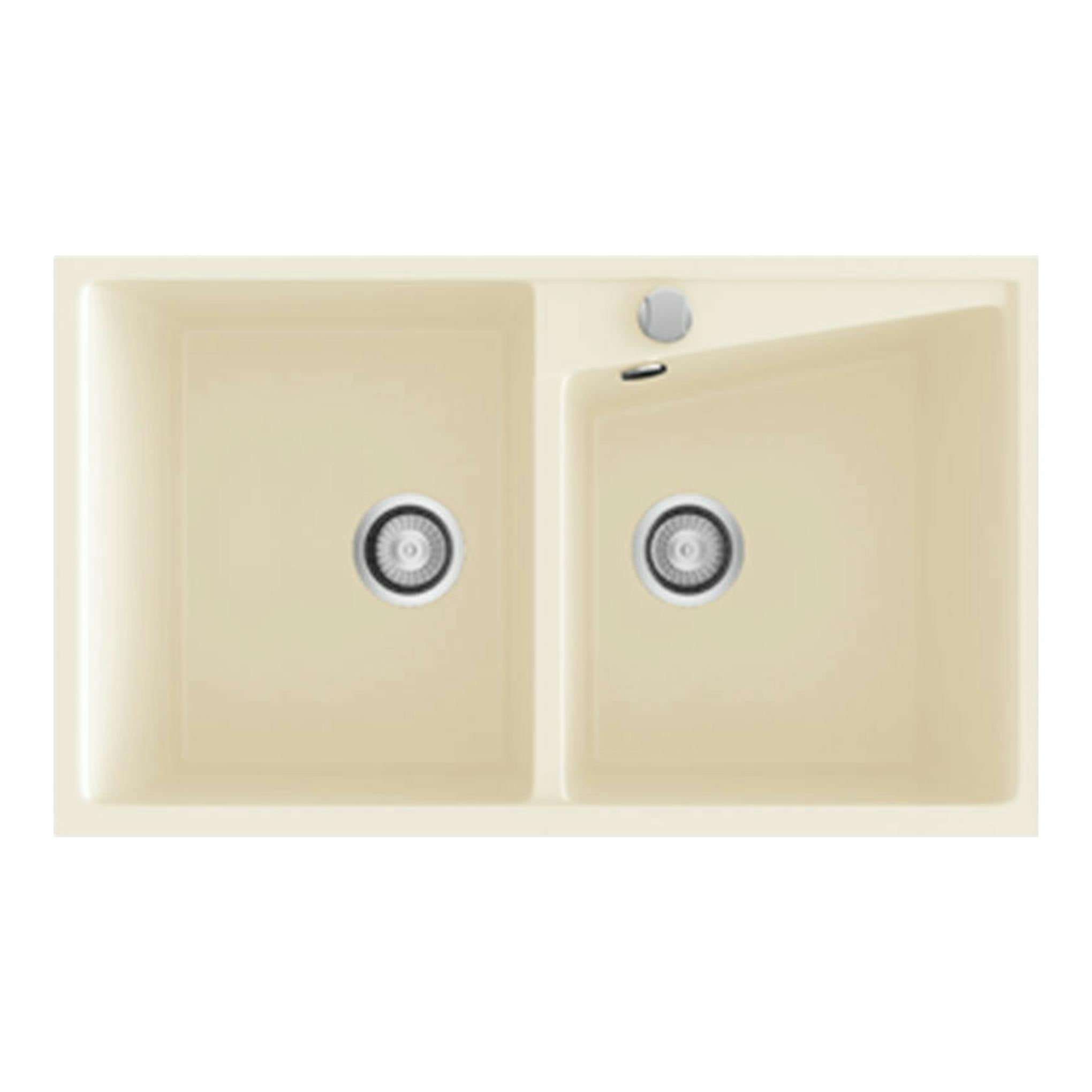 Fregadero Poalgi Kuma 86 2/S pergamón brillo, vista cenital, doble seno beige.