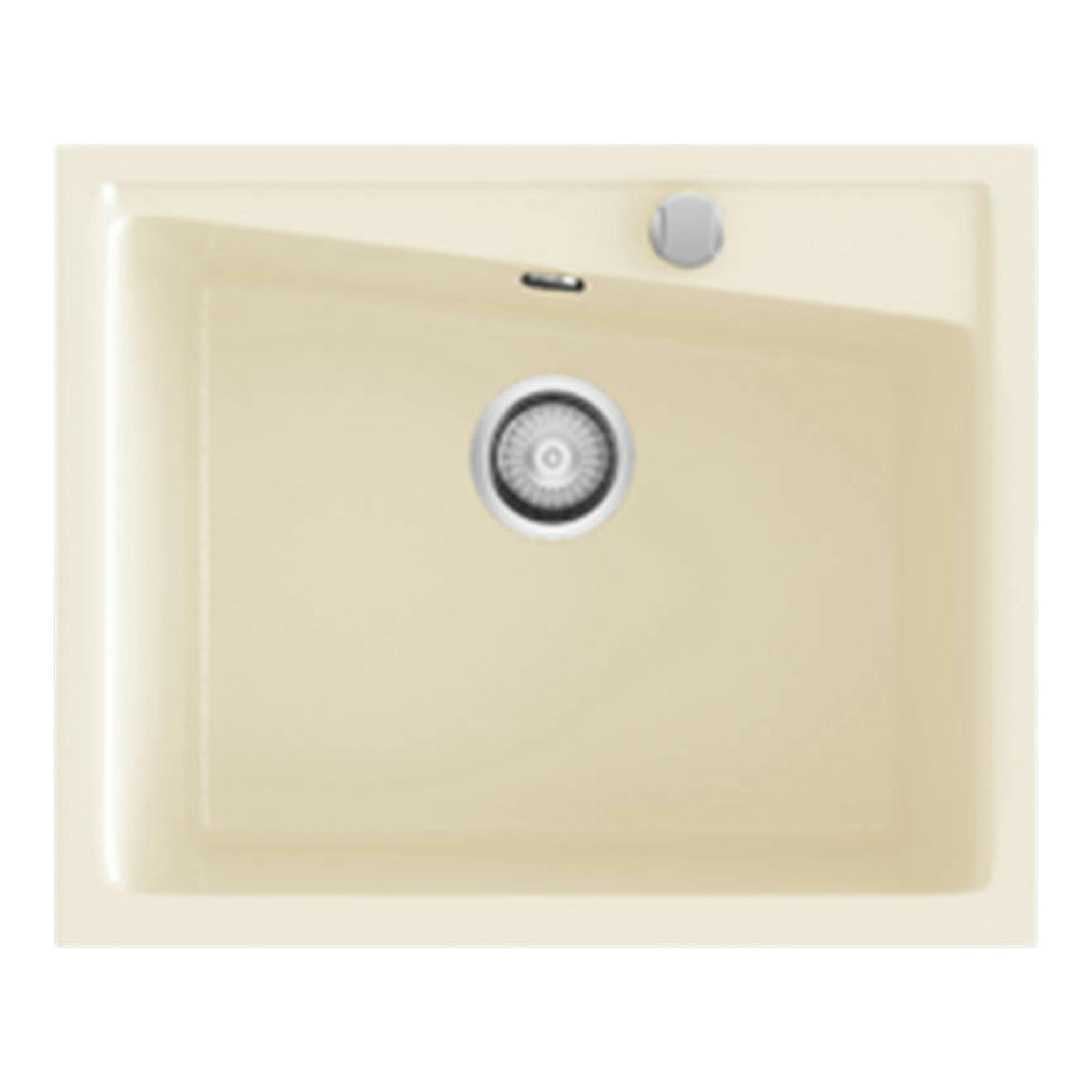 Fregadero Poalgi Kuma 60 1/S Pergamon brillo, vista superior, color beige con cubeta y desagüe central.