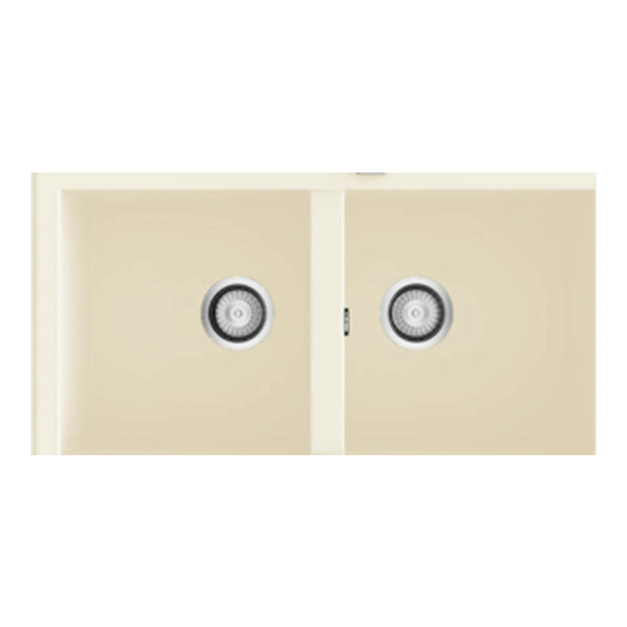 Fregadero Poalgi Shira 80 2/S pergamón brillo, vista superior, doble seno rectangular beige.