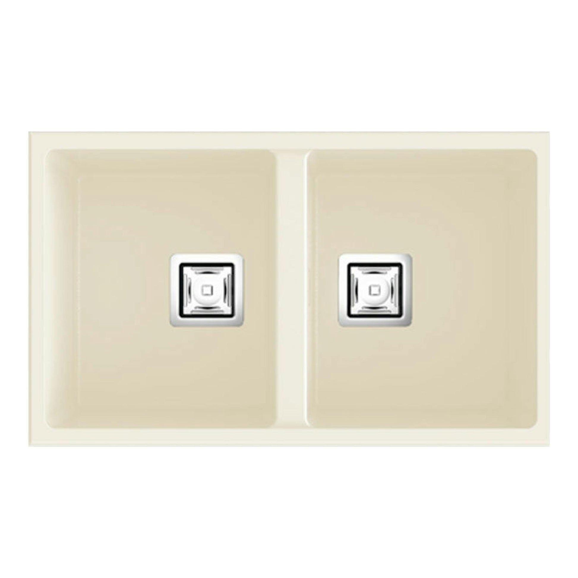 Fregadero Poalgi Zie 70 2/S Pergamon mate, vista superior, doble seno beige con dos desagües.