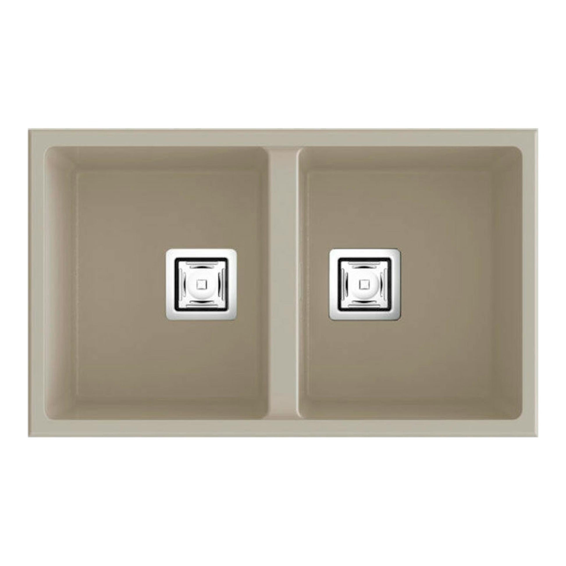 Fregadero Poalgi Zie 70 2/S beige, vista superior, doble cubeta con dos desagües.