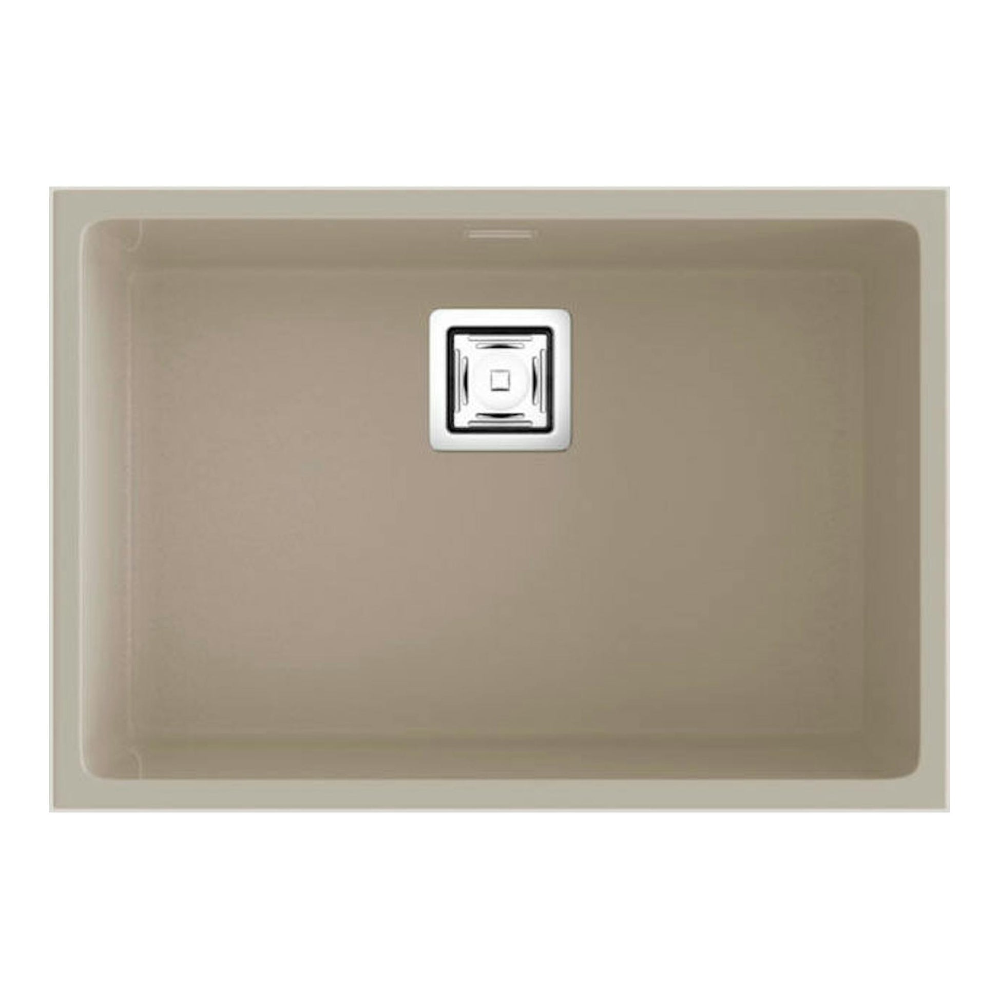 Fregadero Poalgi Zie 60 1/S beige pumice, vista superior de seno rectangular con desagüe cuadrado central.