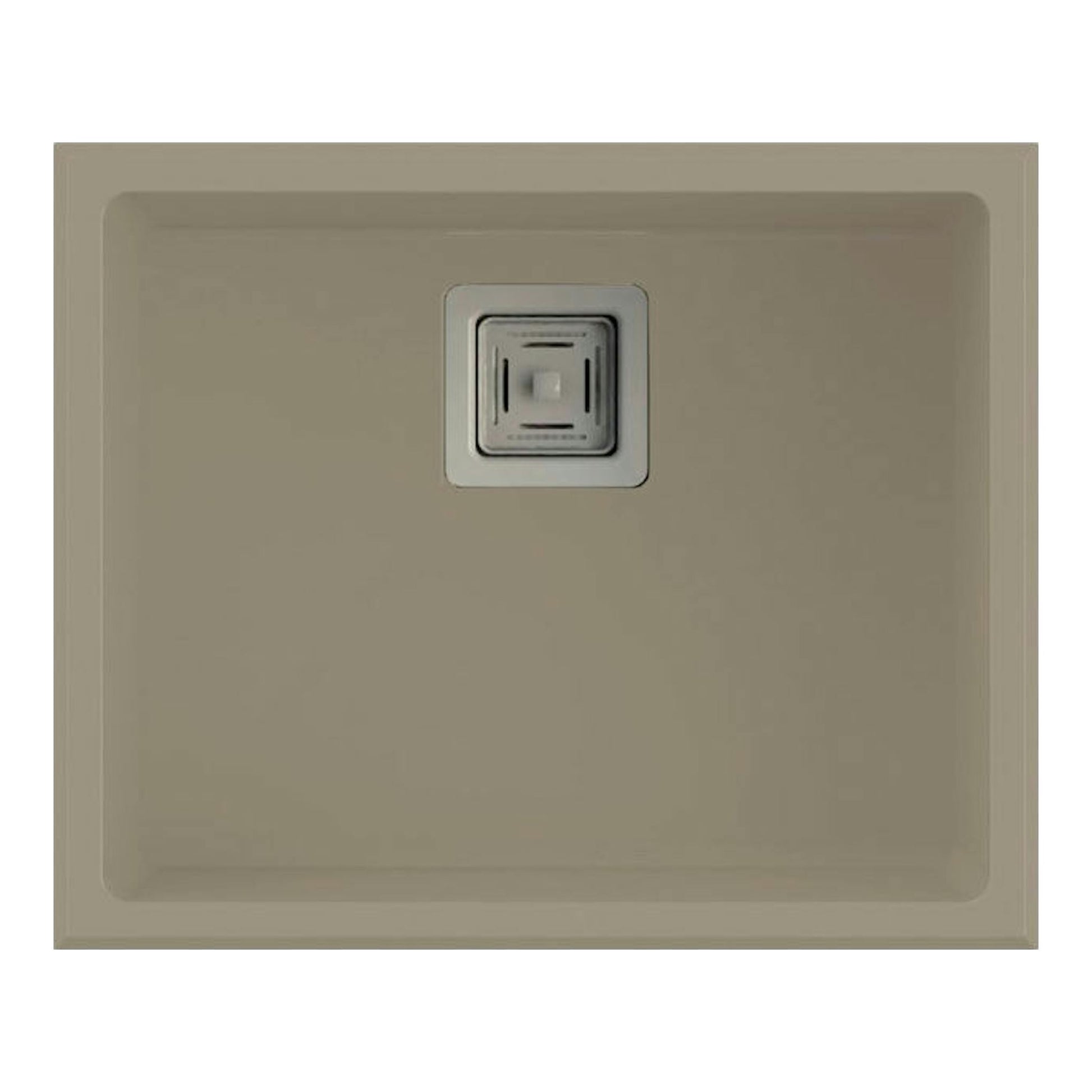 Fregadero Poalgi Zie 50 1/S, vista superior, color beige pumice, cubeta cuadrada con desagüe centrado.