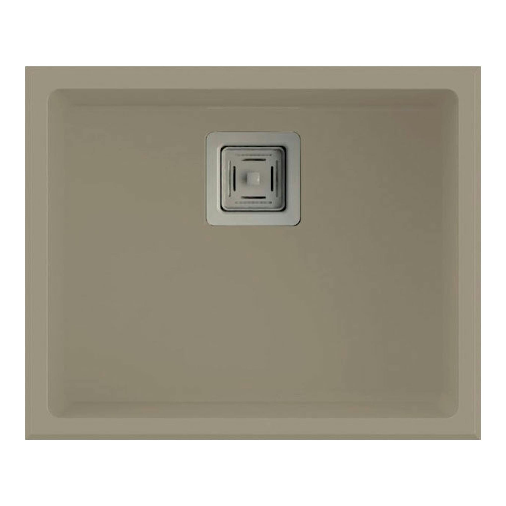 Fregadero Poalgi Zie 50 1/S, vista superior, color beige pumice, cubeta cuadrada con desagüe centrado.