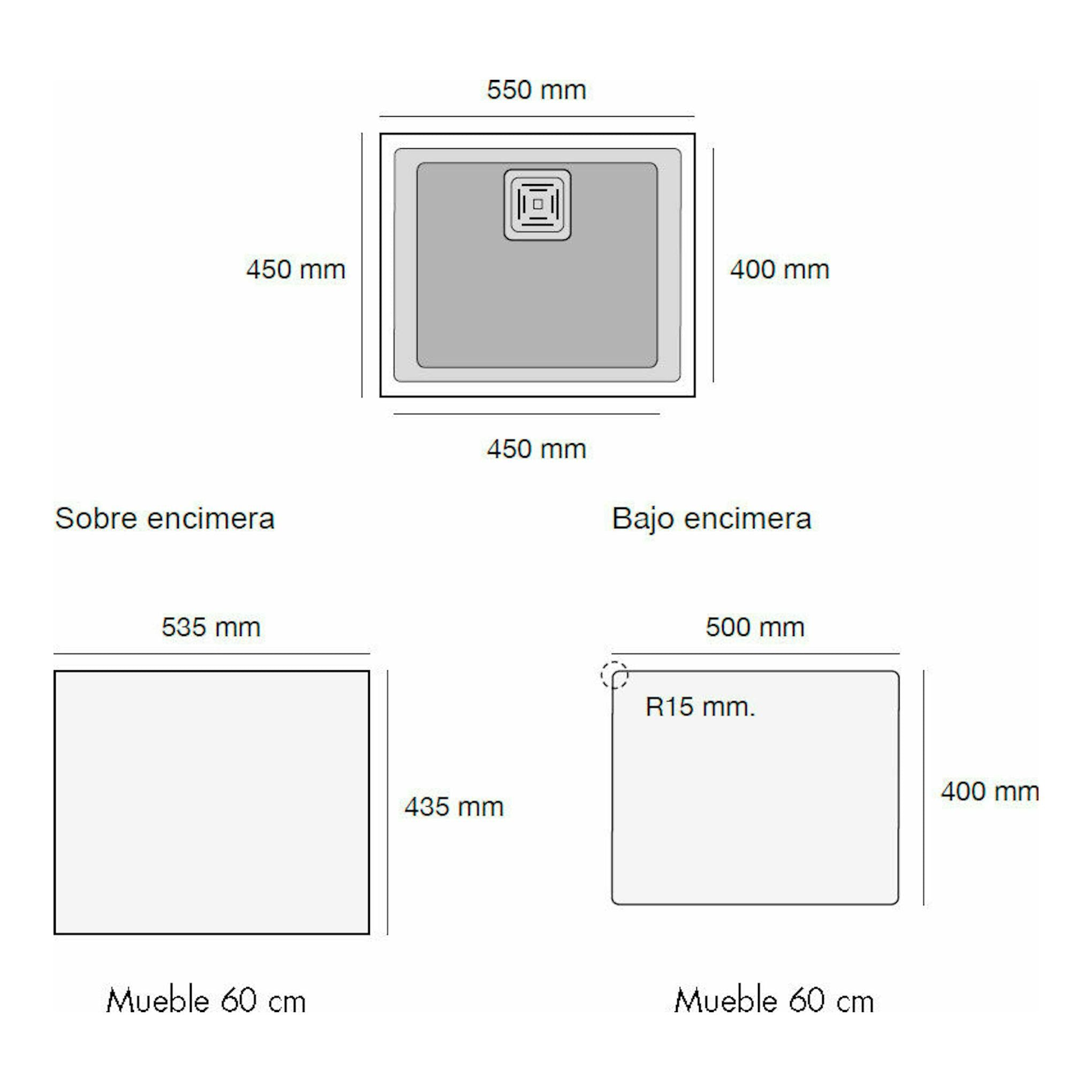 Poalgi Zie 50 1/S Pumice Beige, plano técnico del fregadero cuadrado beige con vistas superior y de instalación.