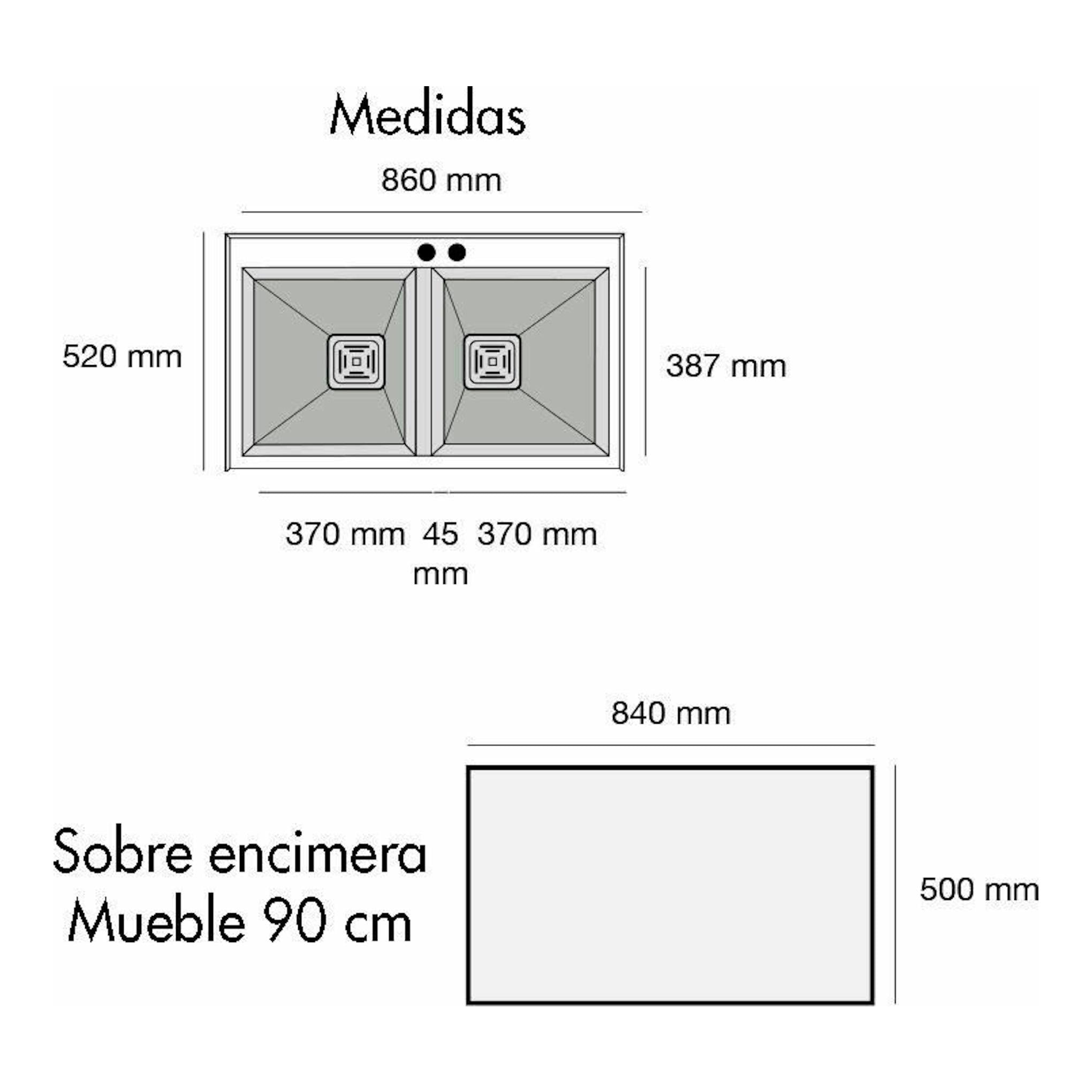 Plano técnico del fregadero Poalgi Kobus 86 Alto 2/S, vista superior de doble seno y medidas 860 x 520 mm.