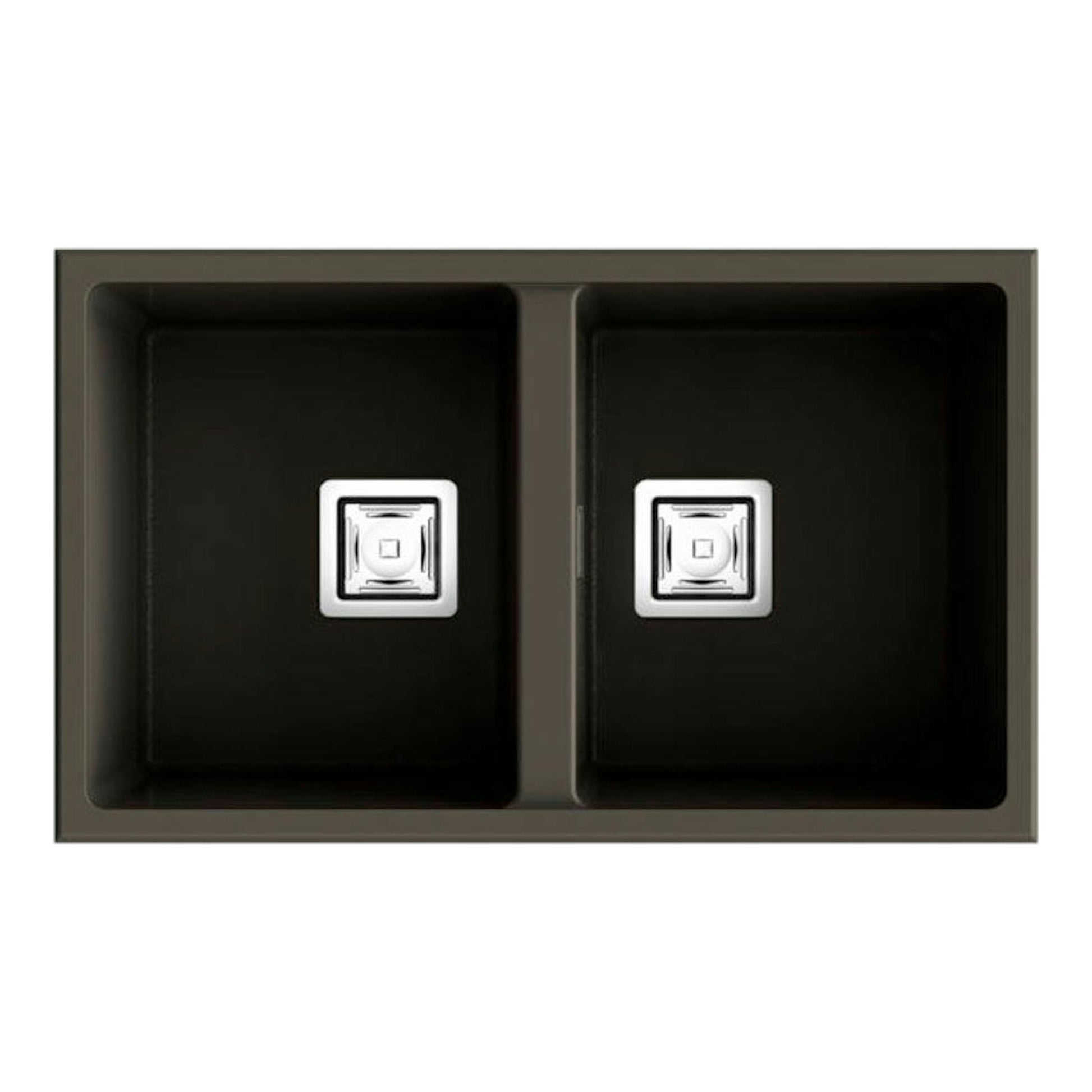 Fregadero Poalgi Zie 70 2/S Tundra, vista superior, doble seno negro con desagües cuadrados.