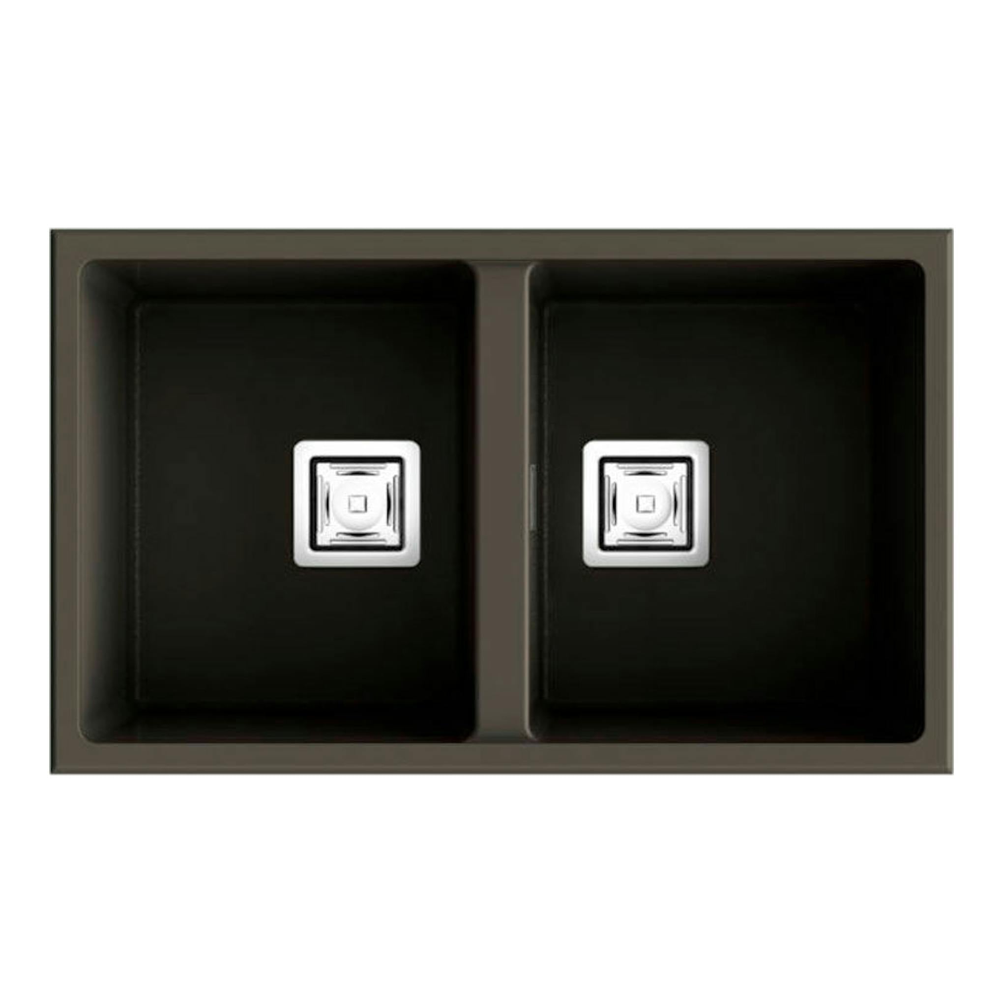 Fregadero Poalgi Zie 70 2/S Tundra, vista superior, doble seno negro con desagües cuadrados.