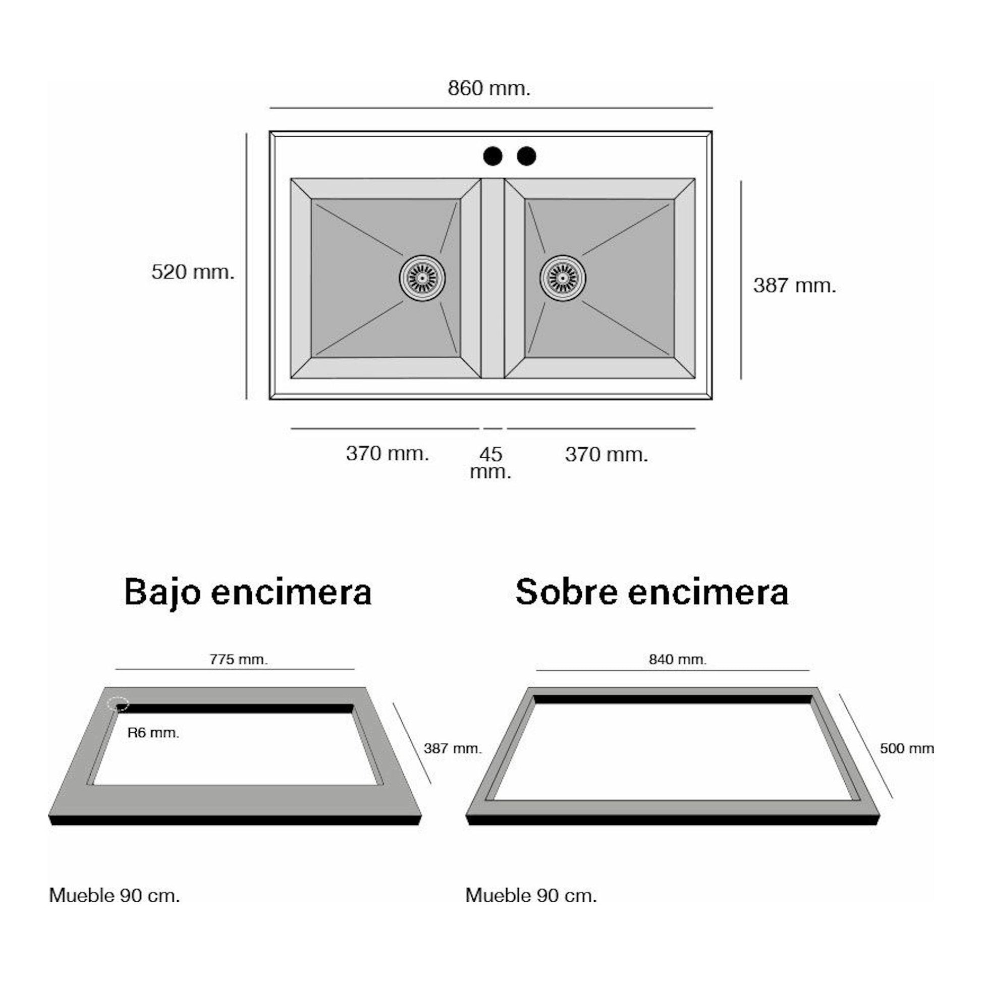 Diagrama técnico del fregadero Poalgi Shira 86 2/S gris, doble seno, con medidas y montaje bajo/sobre encimera.