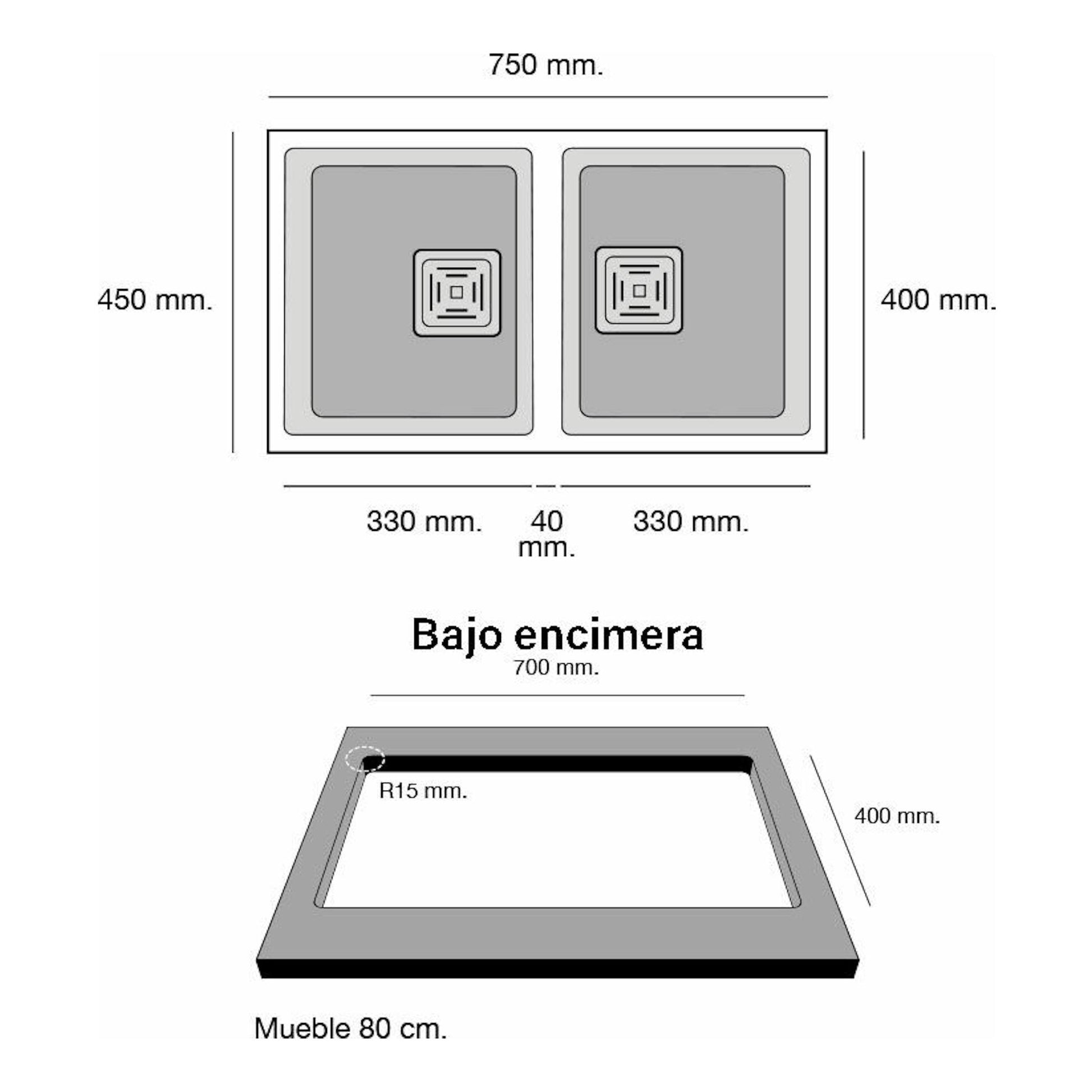 Poalgi Zie 70 2/S Tundra Mate: esquema técnico de fregadero doble gris, vista superior y bajo encimera.