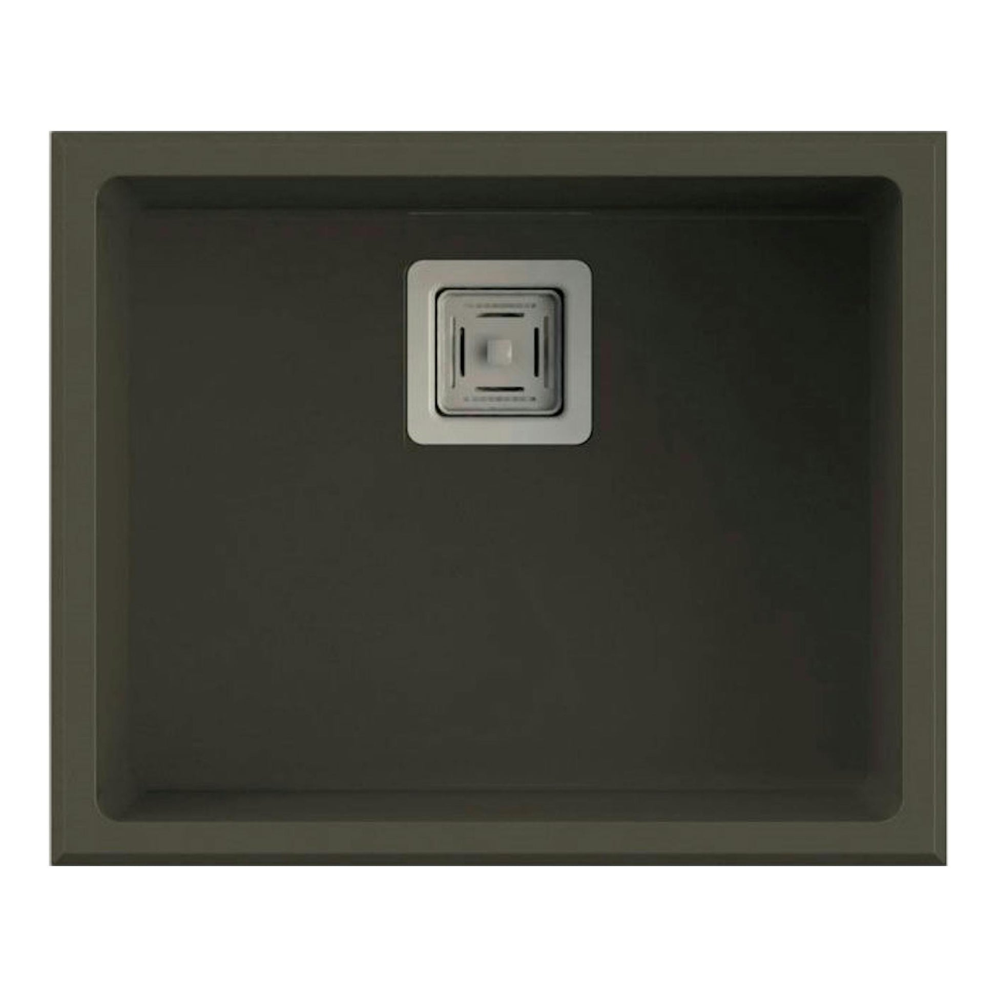 Fregadero Poalgi Zie 50 1/S Tundra Soft, vista cenital, cuadrado gris oscuro con desagüe central.