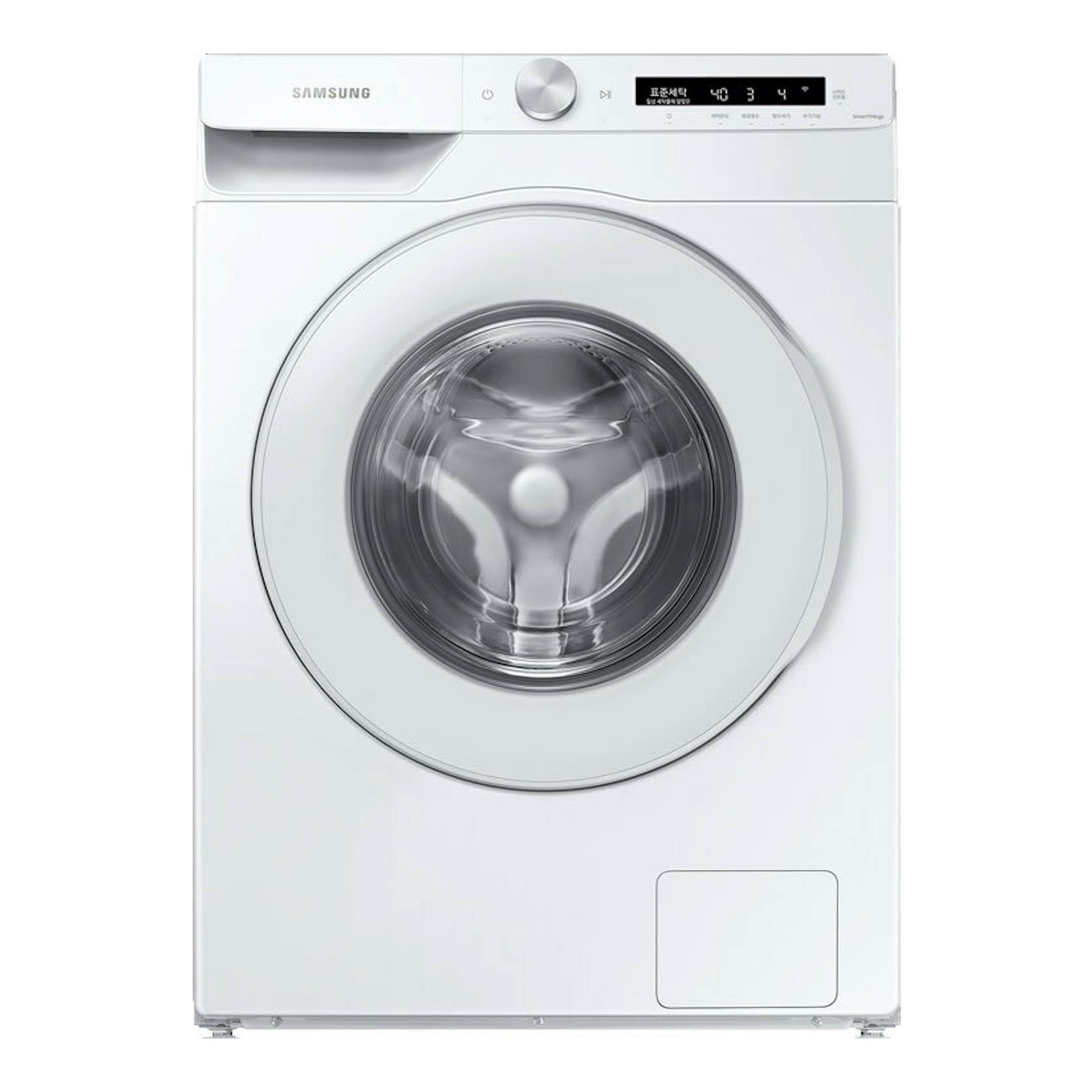 Lavadora Samsung WW12T504DTW/S3 blanca, vista frontal, con carga frontal y panel superior.