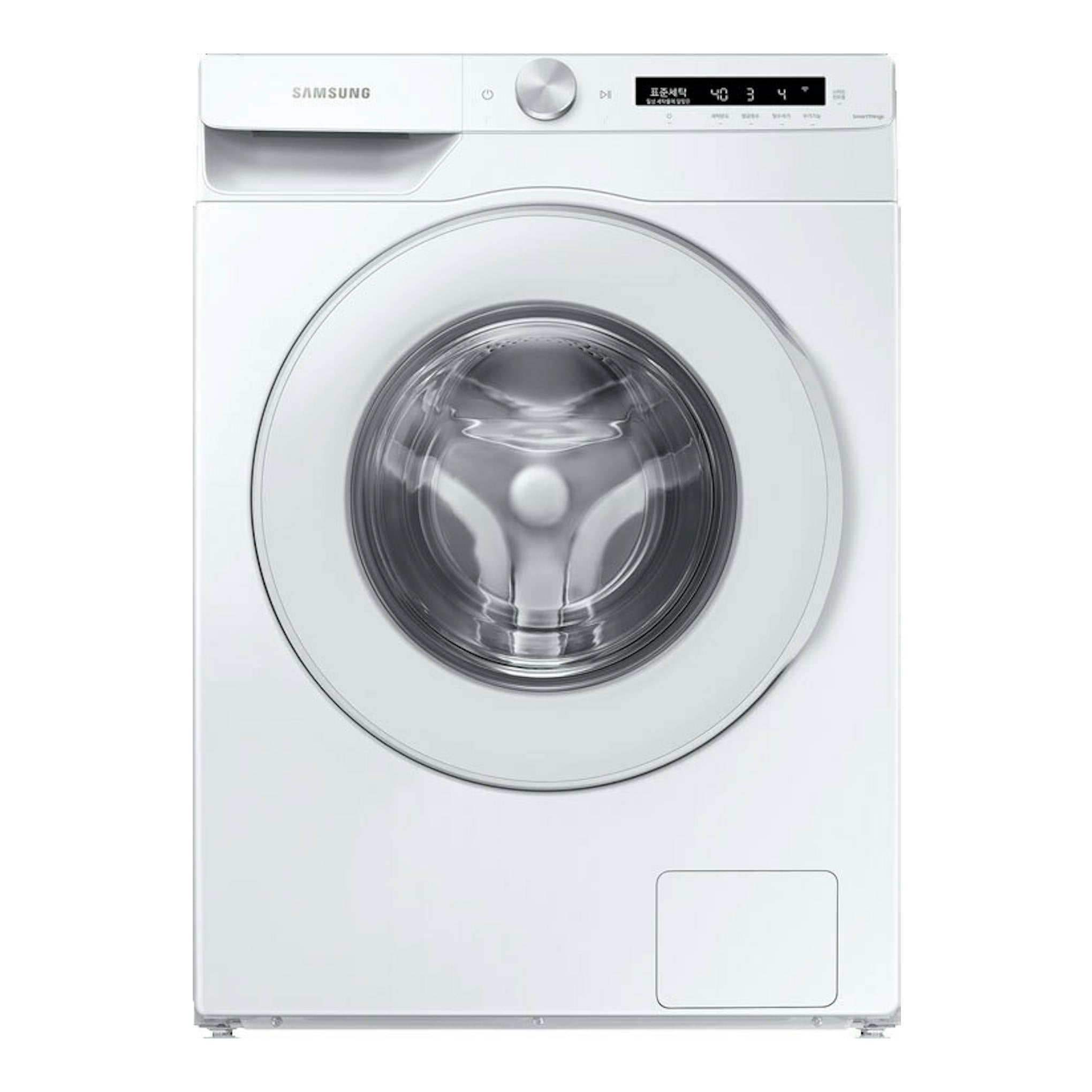 Lavadora Samsung WW12T504DTW/S3 blanca, vista frontal, con carga frontal y panel superior.