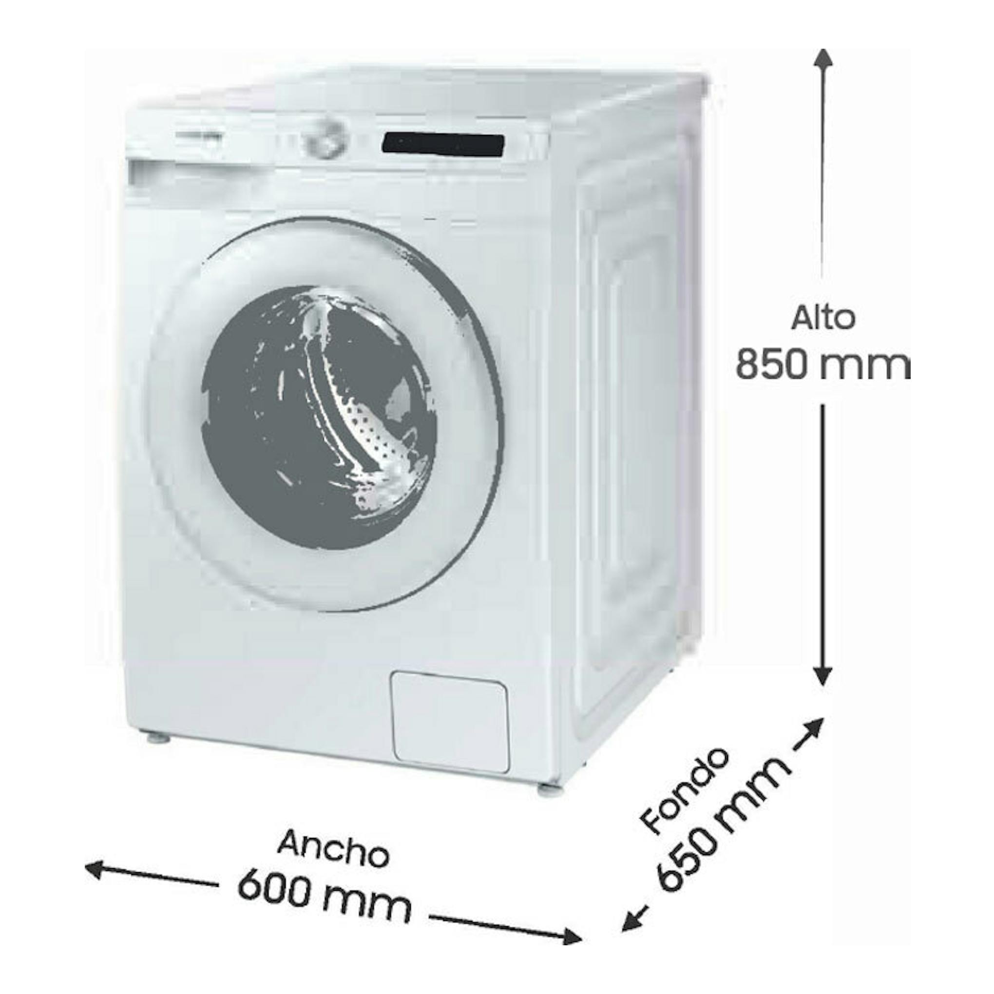Lavadora Samsung WW12T504DTW/S3 blanca, vista frontal en ángulo, con medidas 600×650×850 mm.
