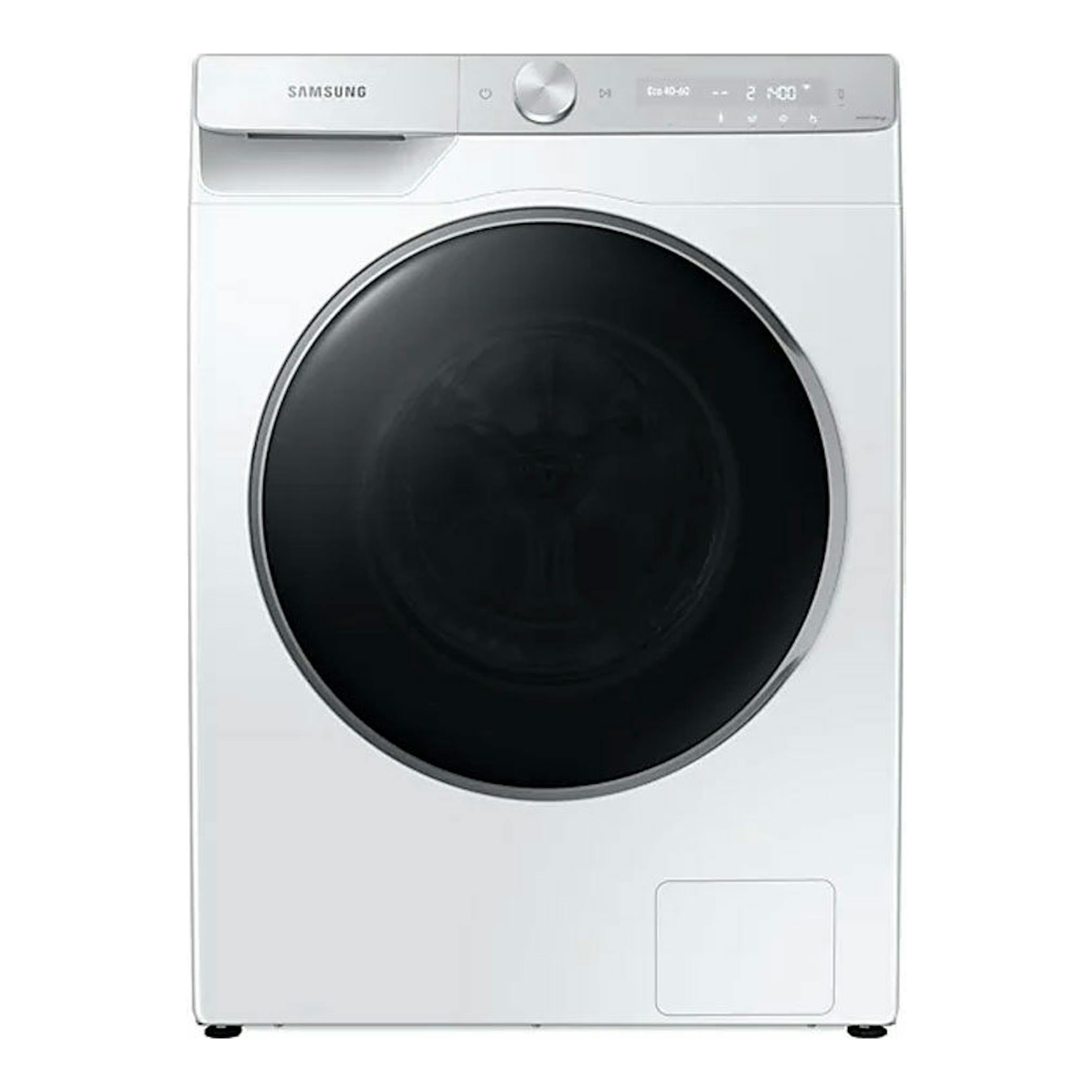 Lavadora frontal Samsung WW90T936DSH/S3 blanca, con puerta circular negra y panel superior.