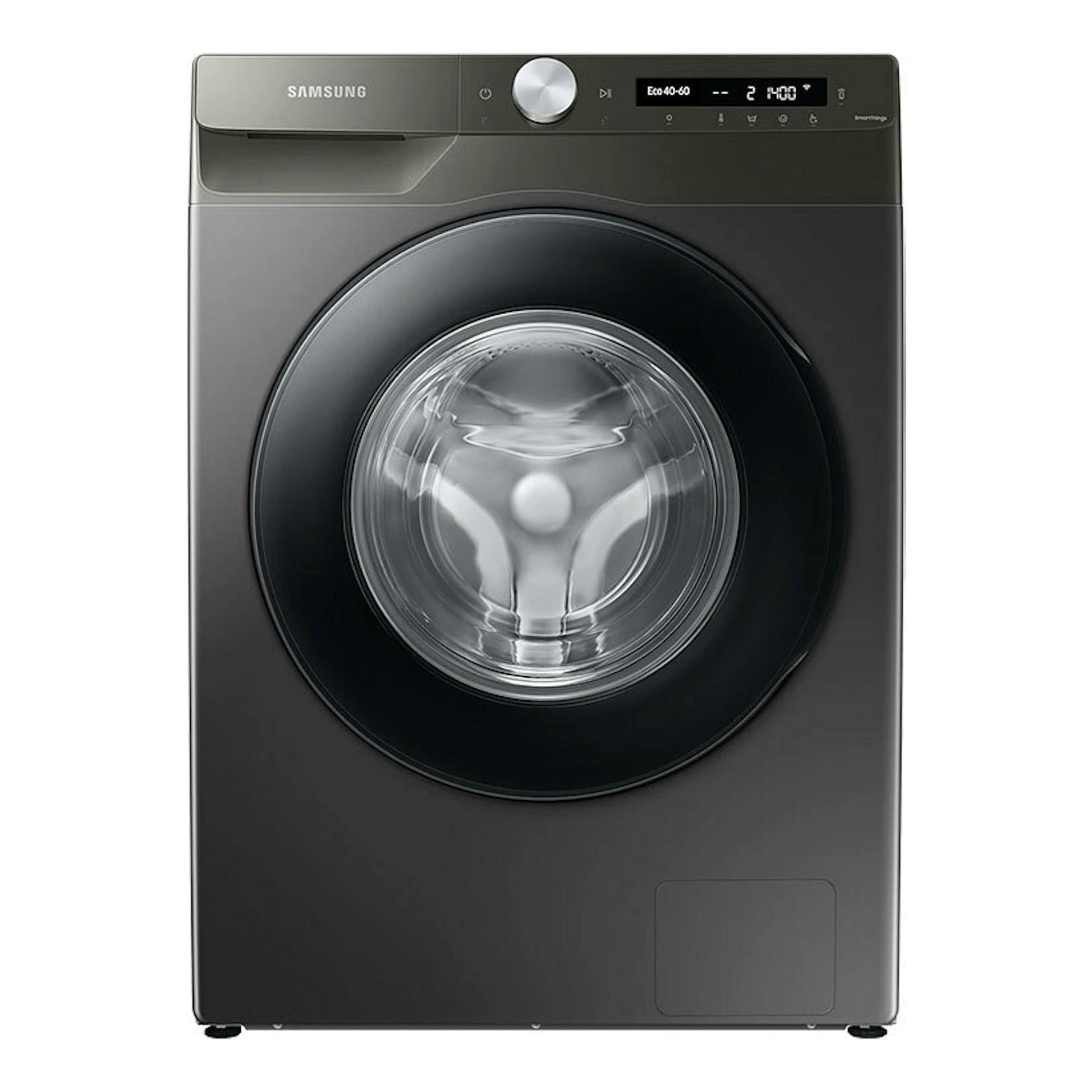 Lavadora frontal Samsung WW90T534DAN/S3 negra, vista frontal, con puerta circular y panel digital.