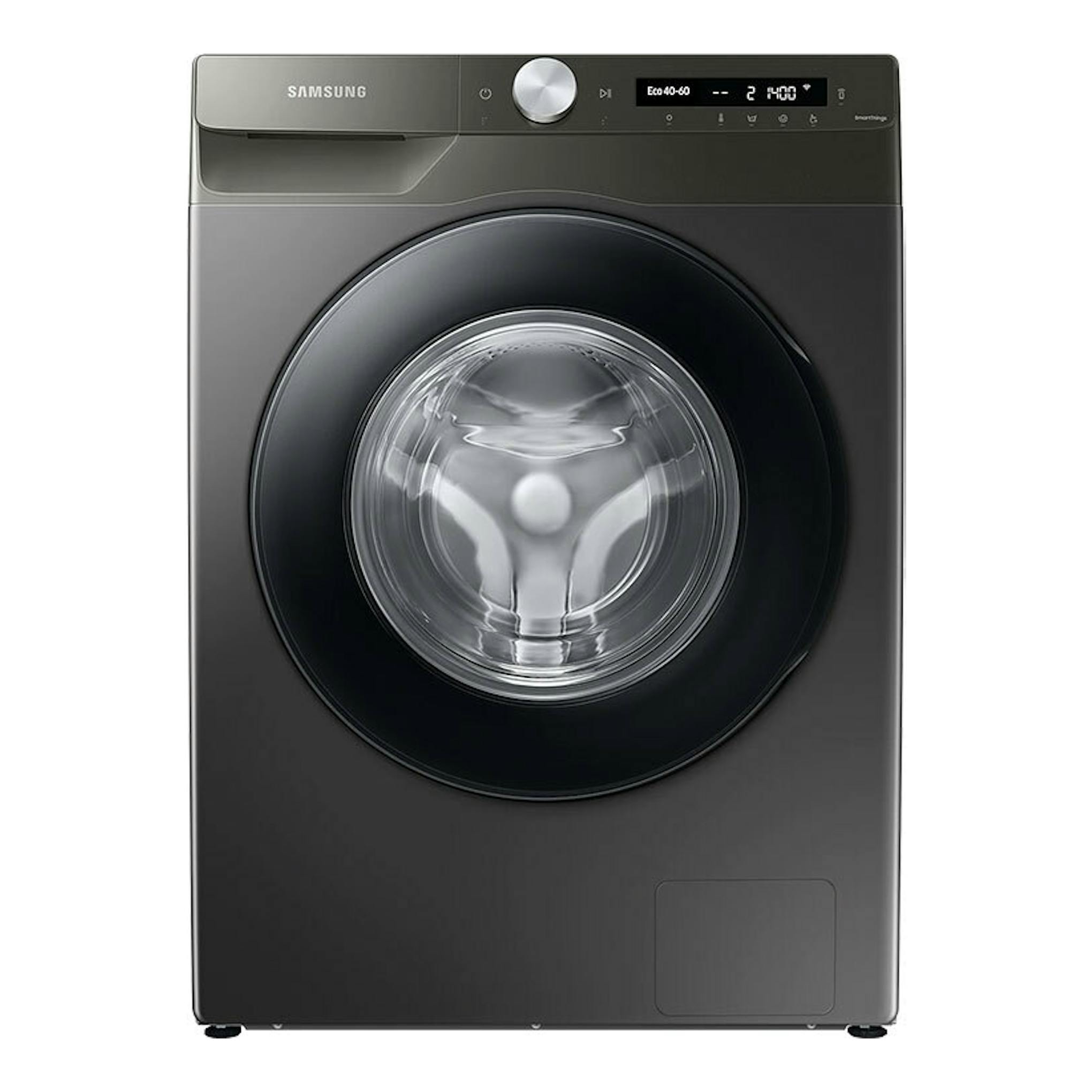 Lavadora frontal Samsung WW90T534DAN/S3 negra, vista frontal, con puerta circular y panel digital.
