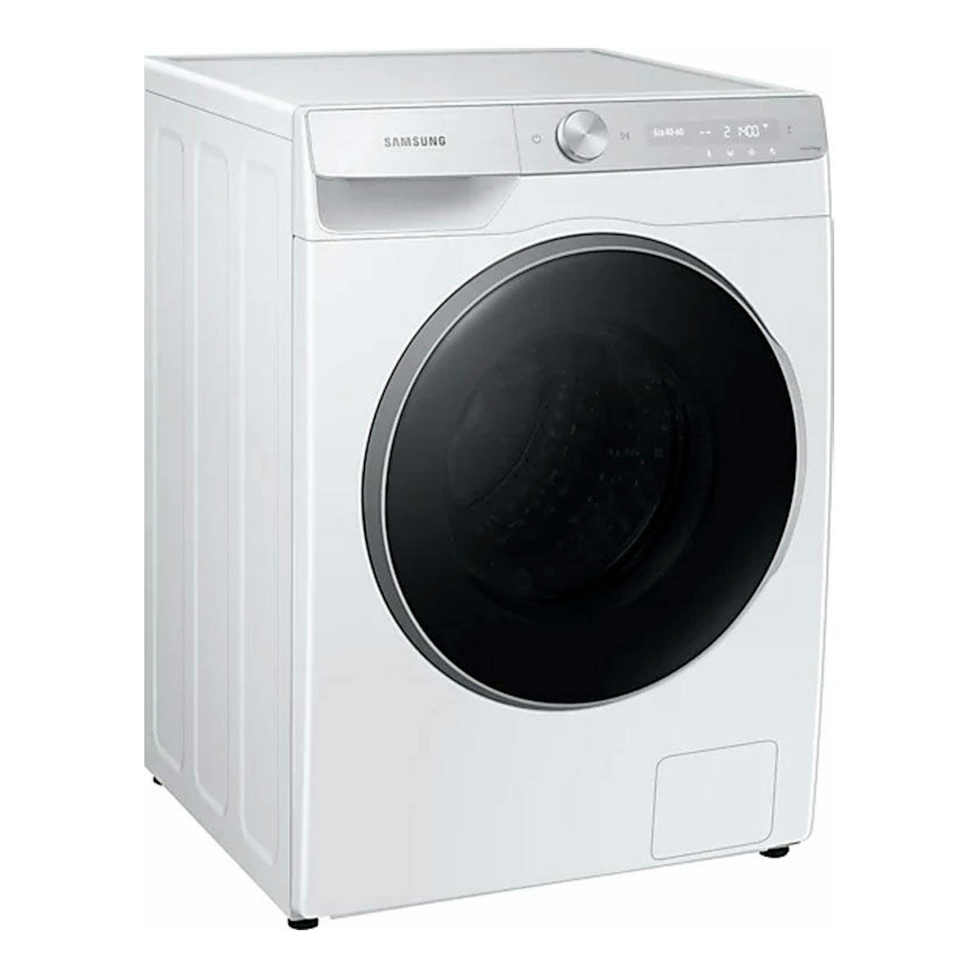 Lavadora Samsung WW90T936DSH/S3 blanca, vista frontal en ángulo, con puerta negra y panel superior.