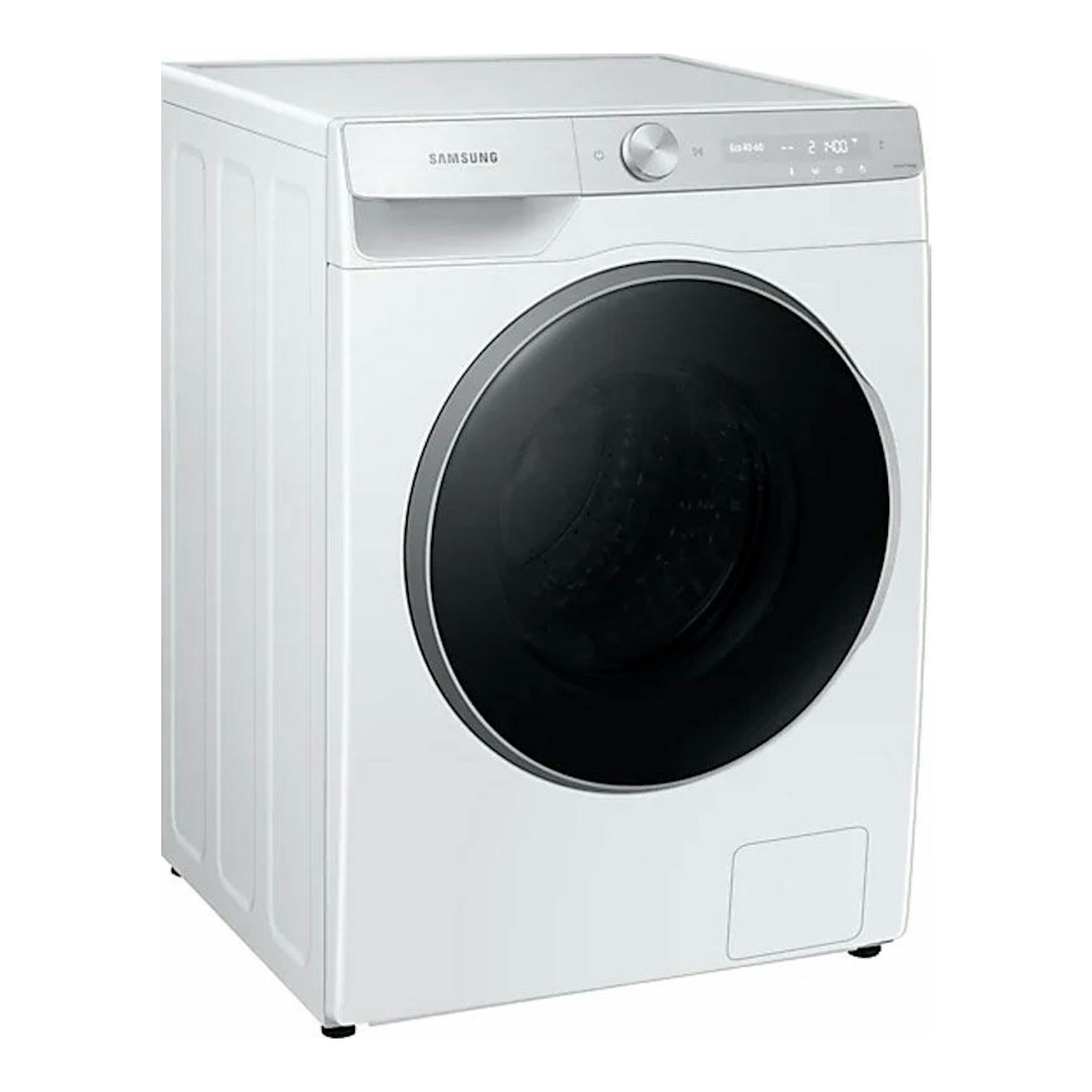 Lavadora Samsung WW90T936DSH/S3 blanca, vista frontal en ángulo, con puerta negra y panel superior.