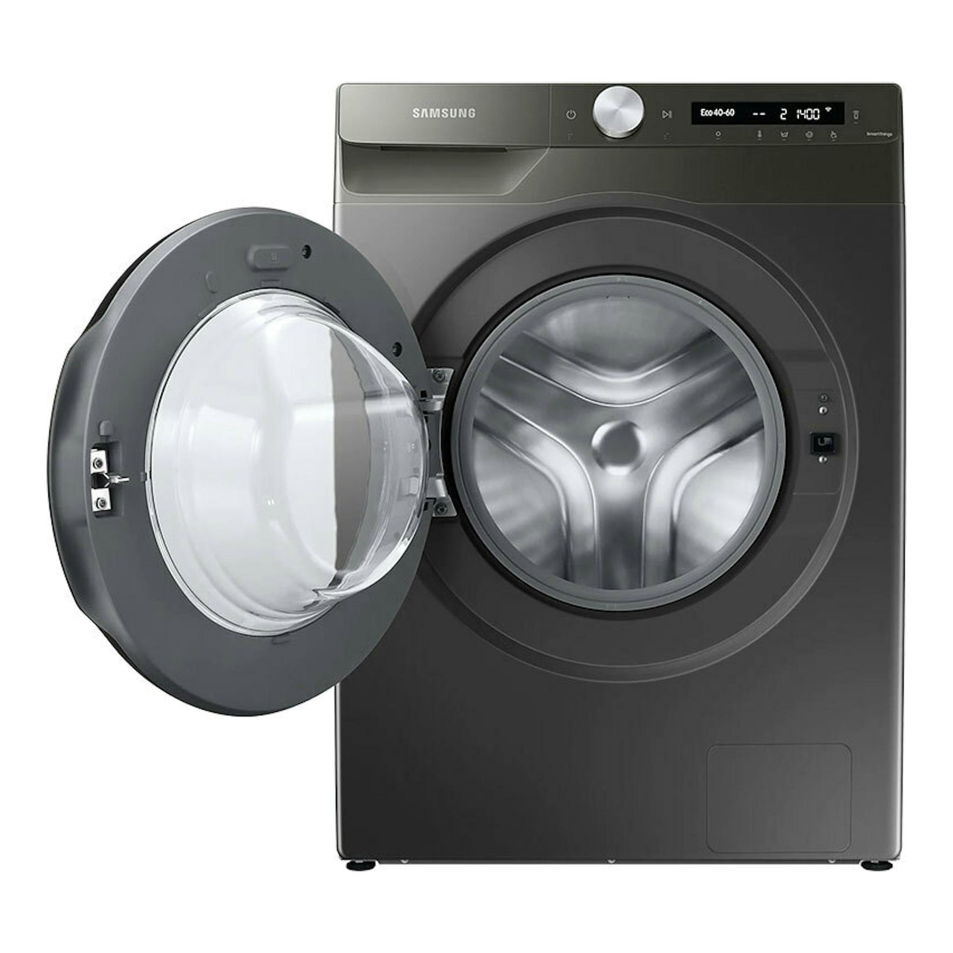 Lavadora Samsung WW90T534DAN/S3 gris oscuro, vista frontal, con la puerta abatible abierta.