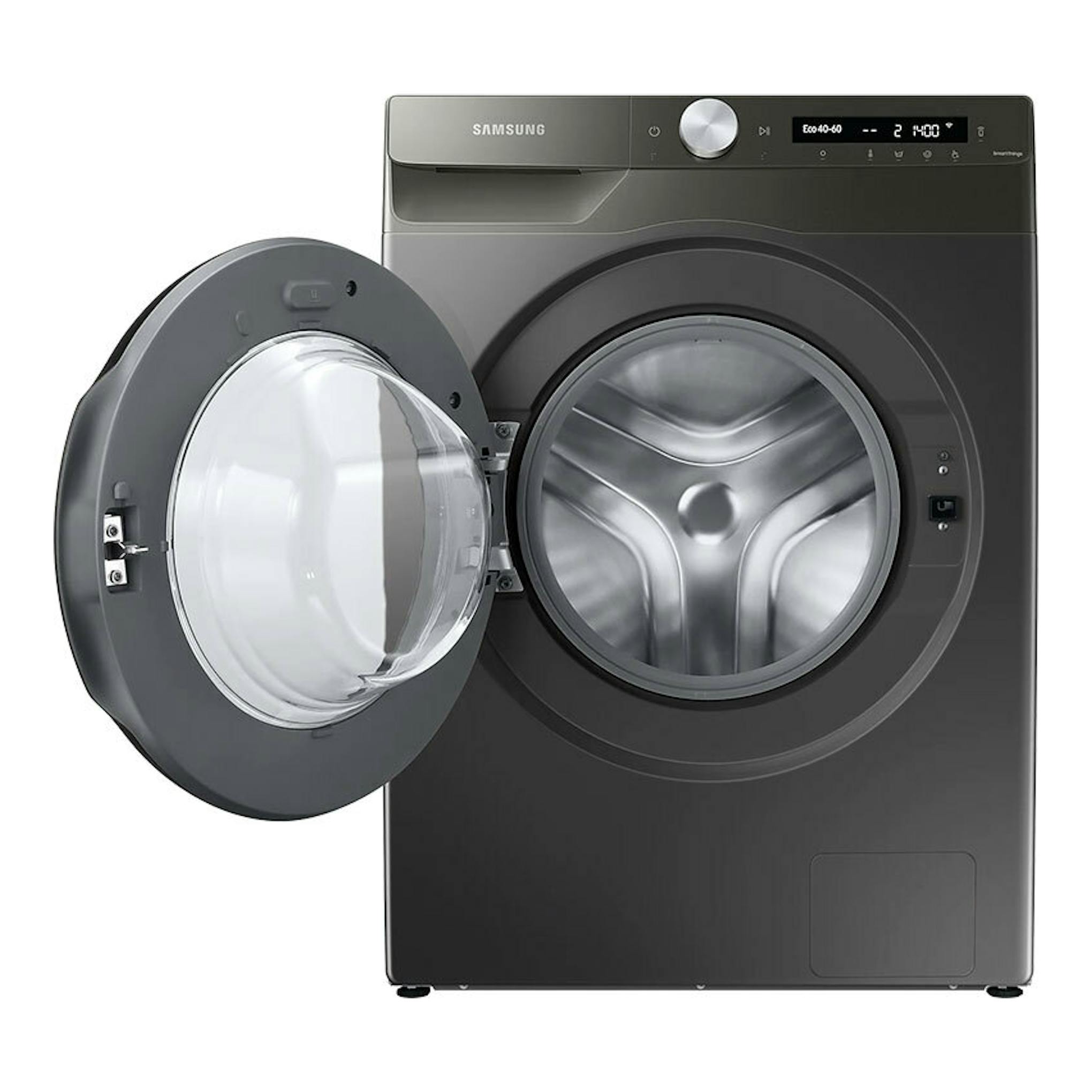 Lavadora Samsung WW90T534DAN/S3 gris oscuro, vista frontal, con la puerta abatible abierta.