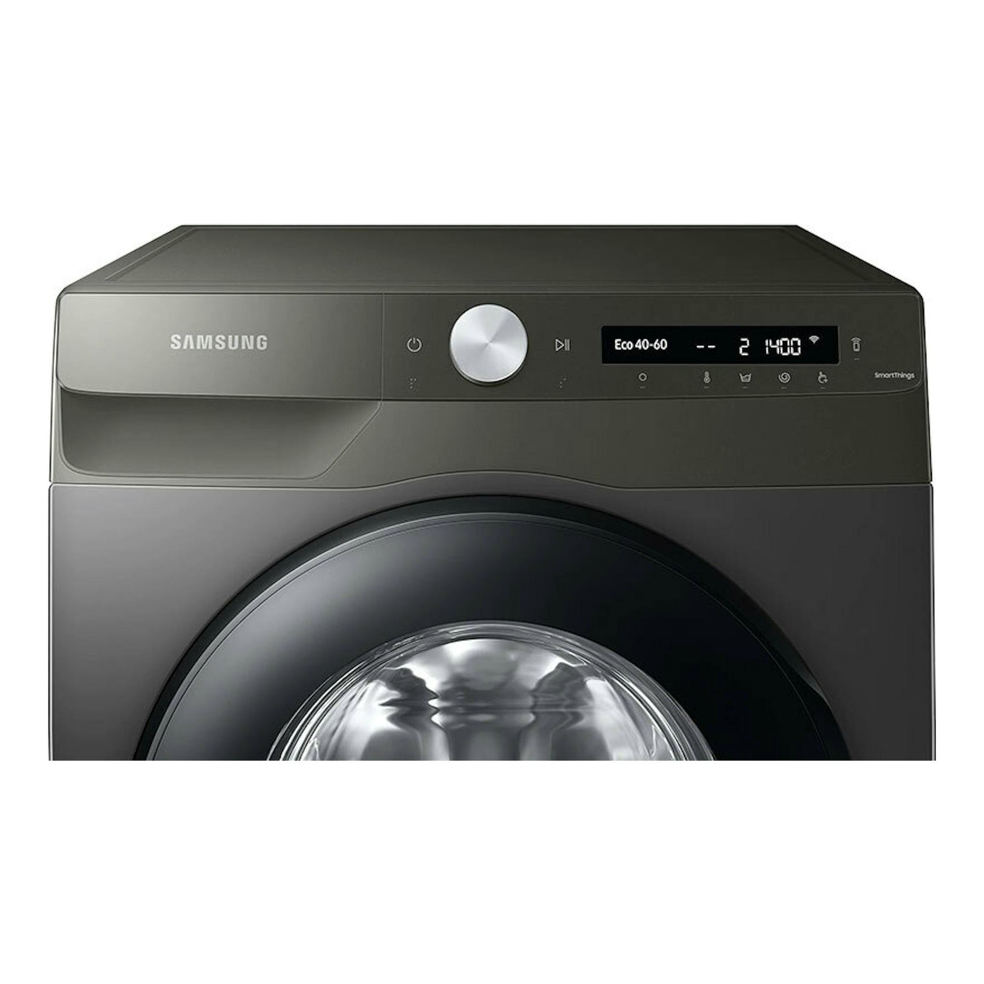 Lavadora Samsung WW90T534DAN/S3 negra, vista frontal, con puerta circular y panel digital.