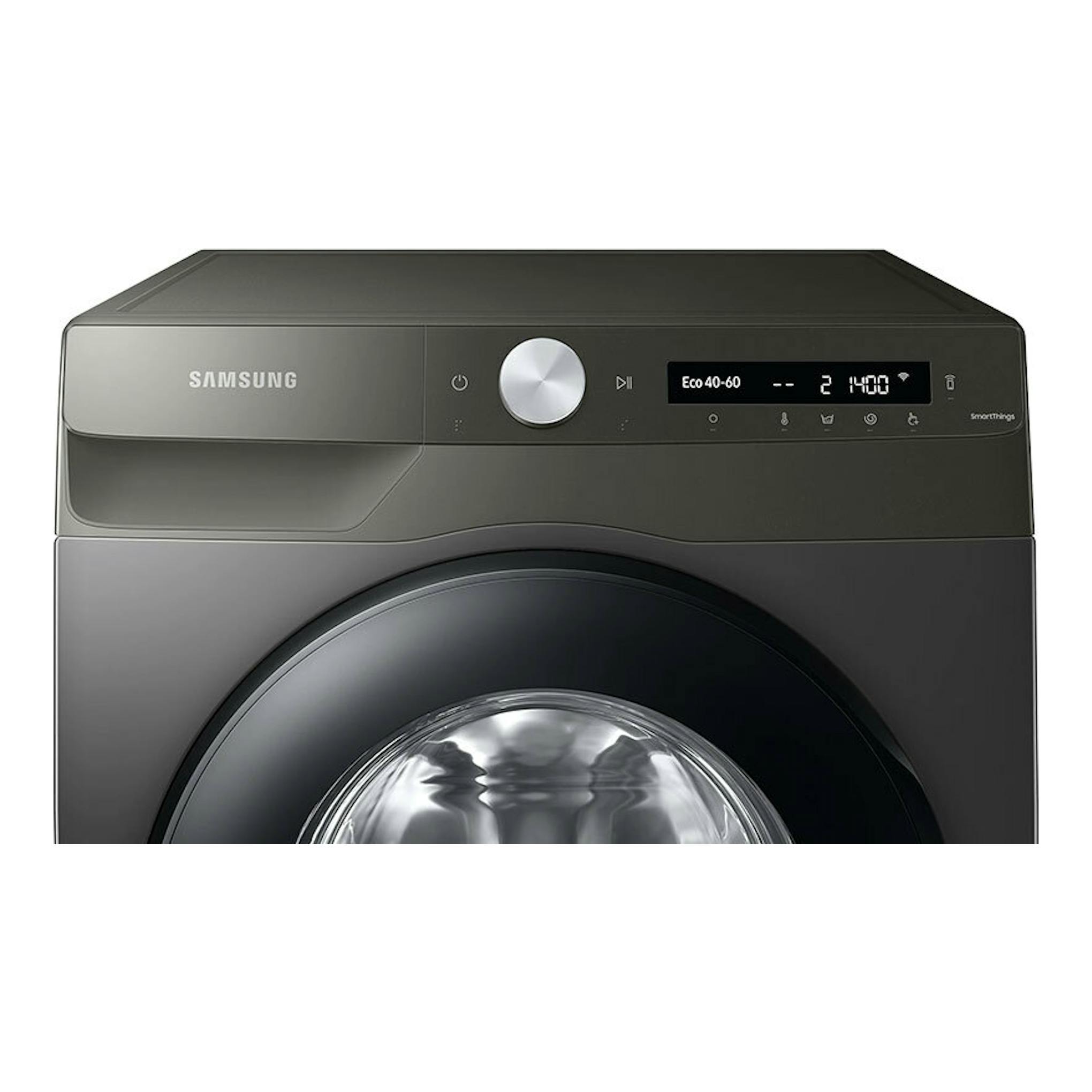 Lavadora Samsung WW90T534DAN/S3 negra, vista frontal, con puerta circular y panel digital.