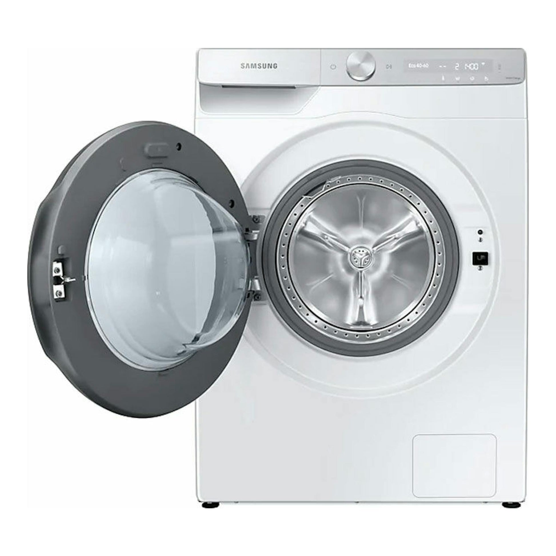 Lavadora Samsung WW90T936DSH/S3 blanca de 9 kg, vista frontal, con puerta abierta