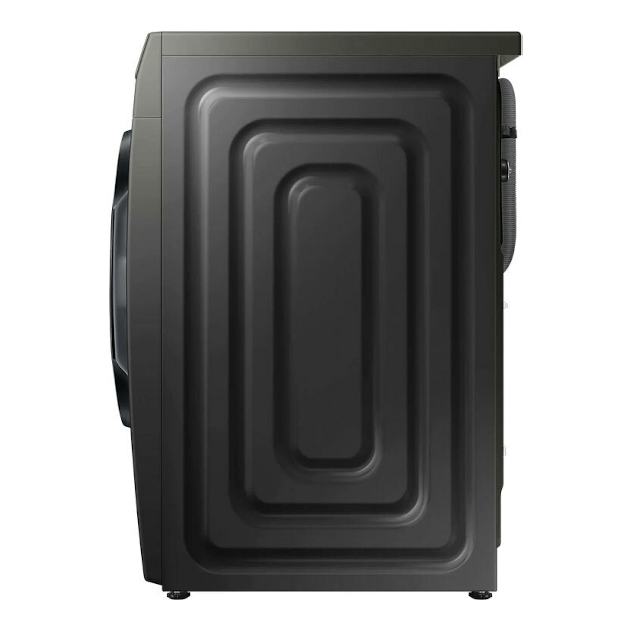 Lavadora Samsung WW90T534DAN/S3 negra, vista lateral, con puerta frontal y panel trasero visibles.