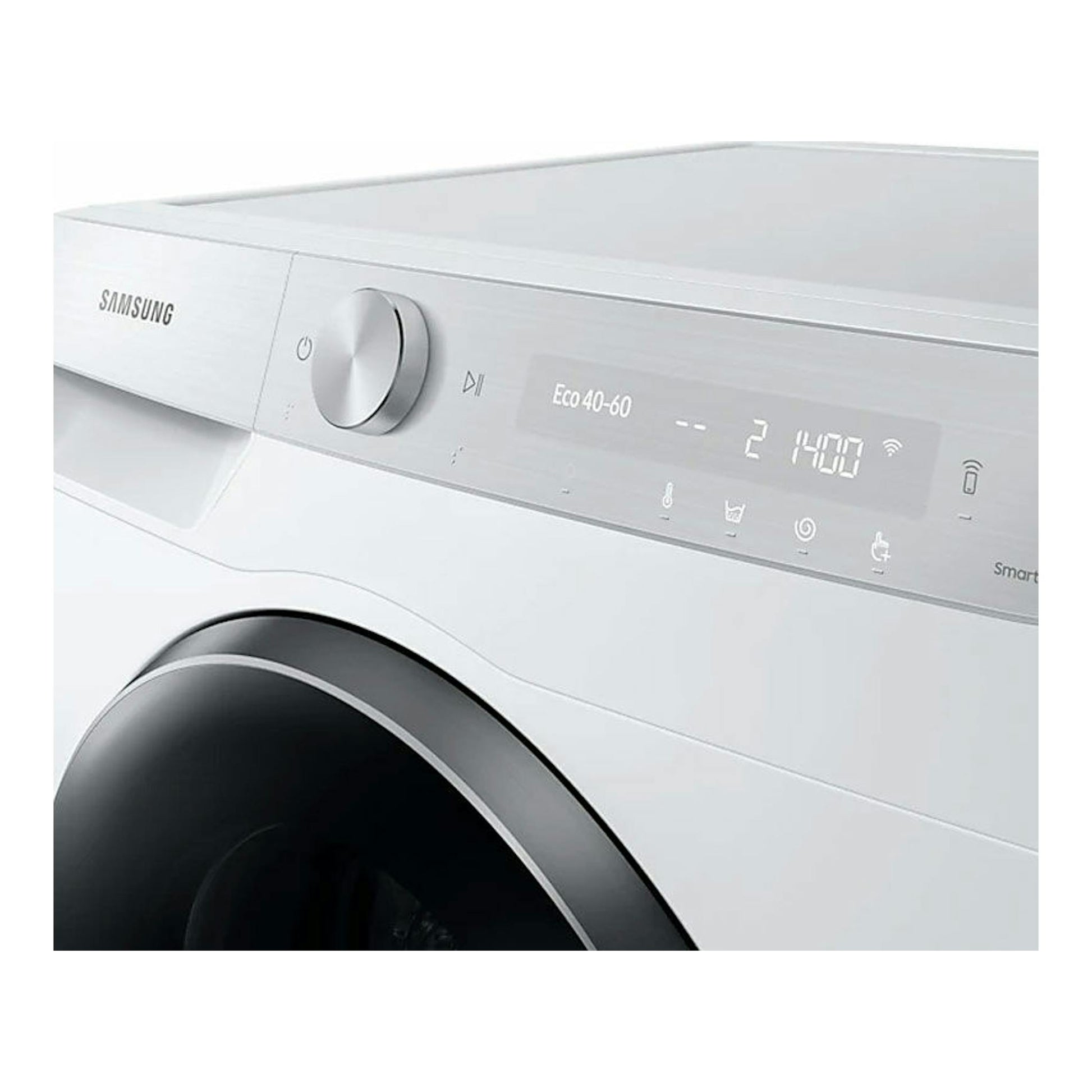 Lavadora Samsung WW90T936DSH/S3 blanca, vista frontal en ángulo, con puerta negra y panel digital.
